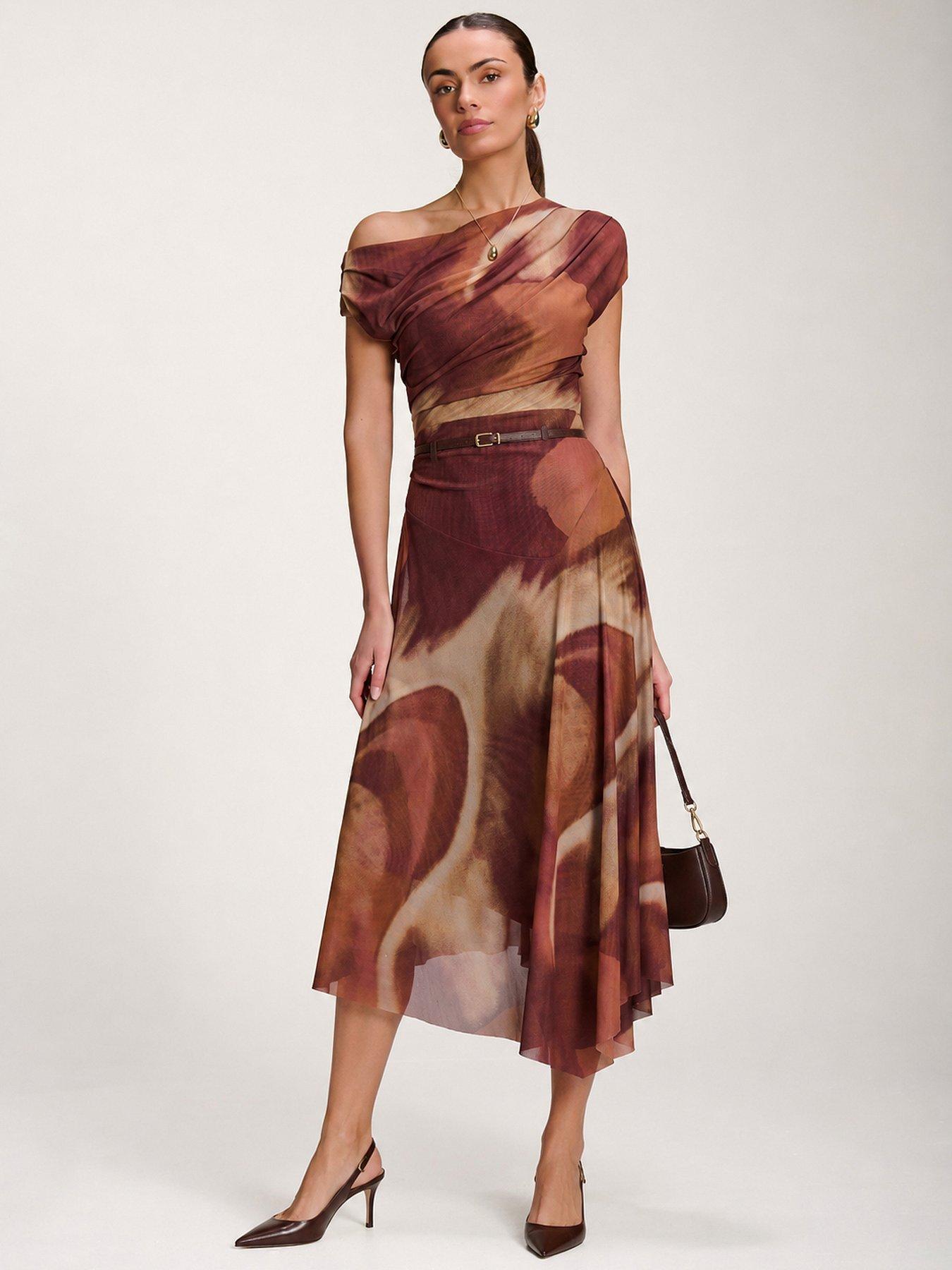 Jolie Moi Womens Asymmetric Draped Mesh Dress - Brown