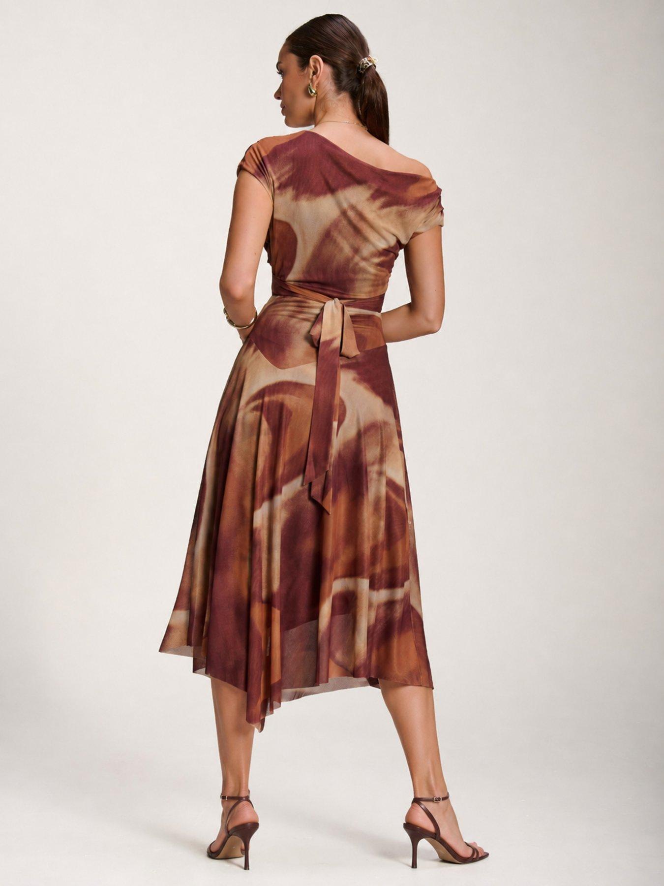 Image 2 of 7 of Jolie Moi Womens Asymmetric Draped Mesh Dress - Brown