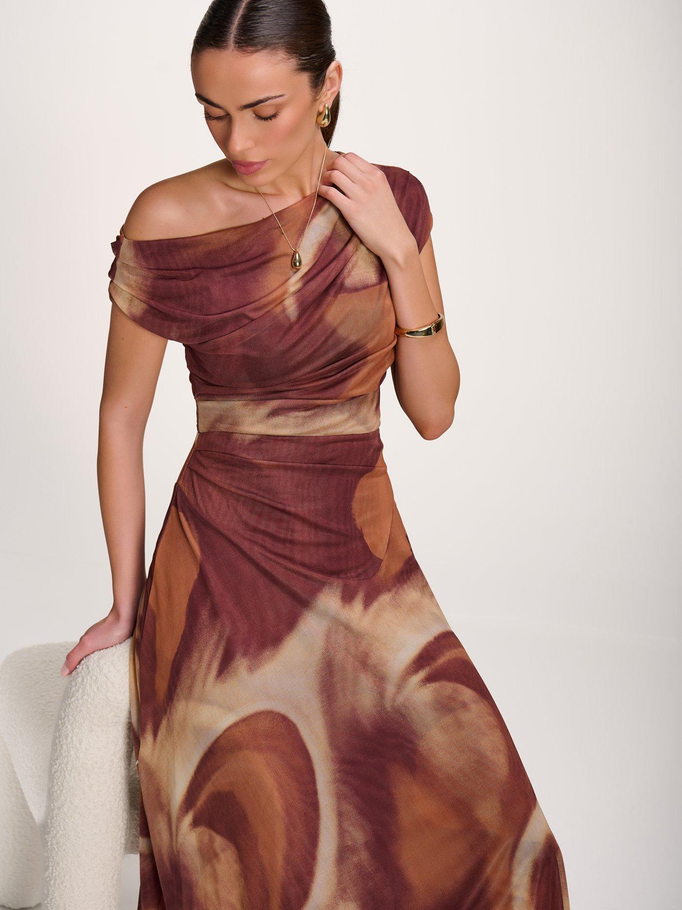 Image 5 of 7 of Jolie Moi Womens Asymmetric Draped Mesh Dress - Brown