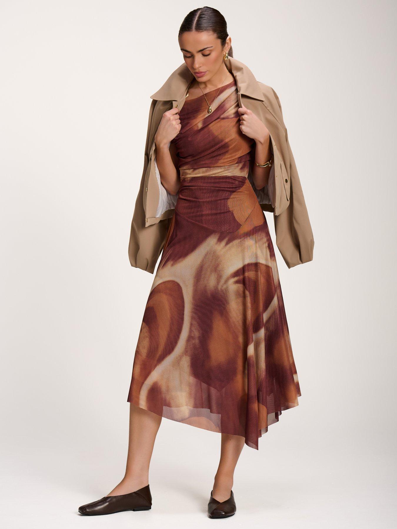 Image 6 of 7 of Jolie Moi Womens Asymmetric Draped Mesh Dress - Brown