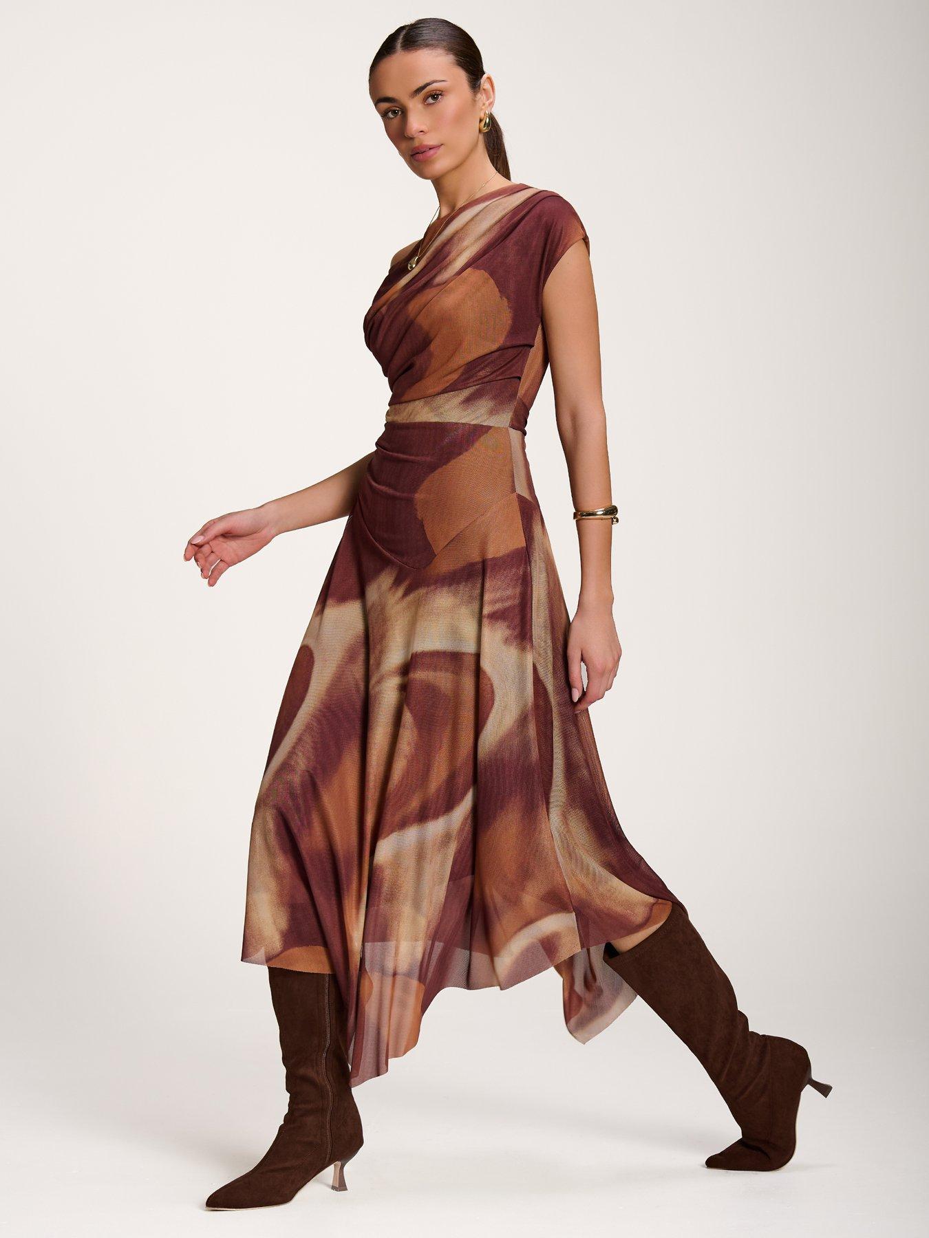 Image 7 of 7 of Jolie Moi Womens Asymmetric Draped Mesh Dress - Brown