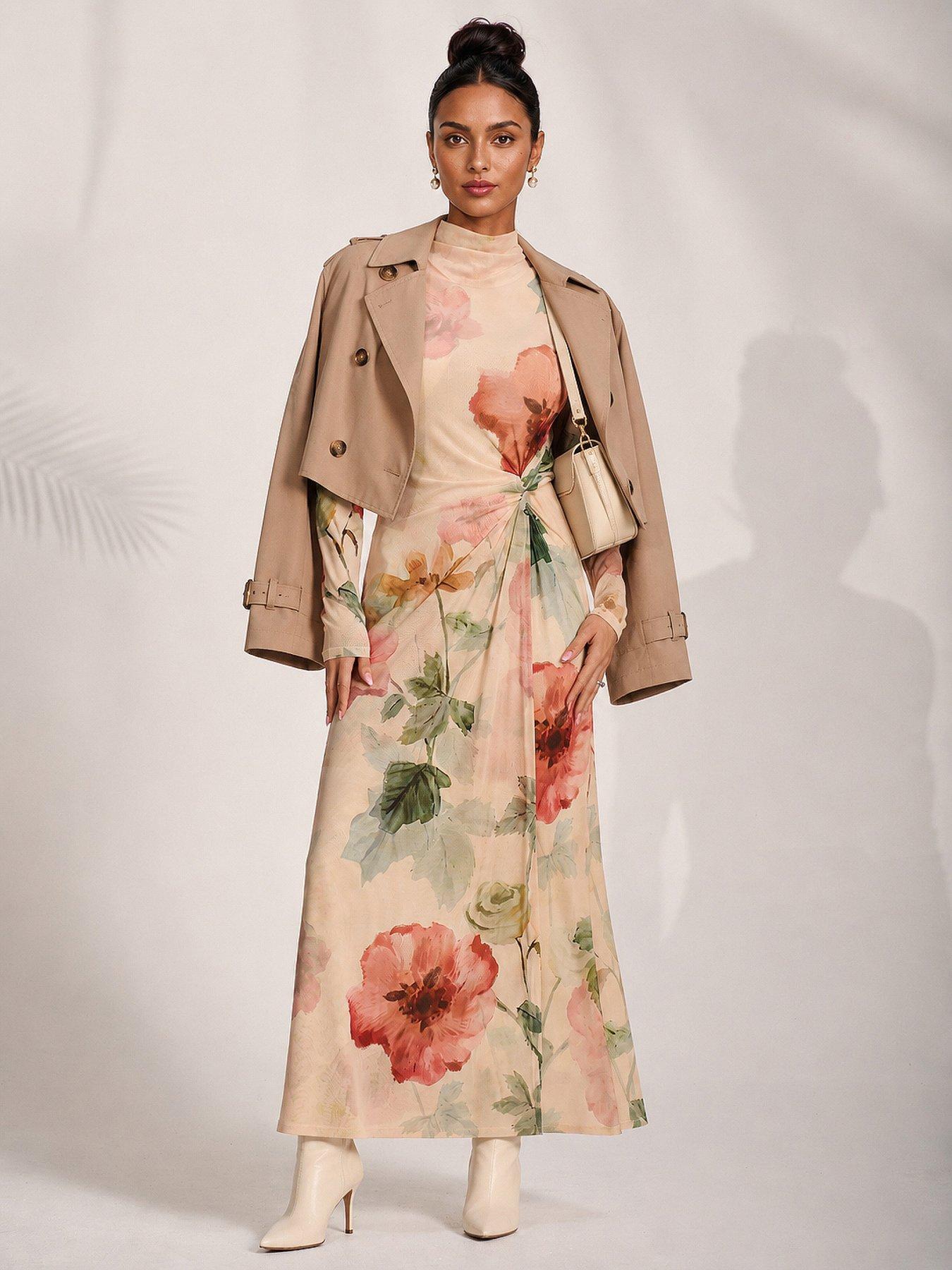 Image 3 of 6 of Jolie Moi Womens High Neck Twist Waist Maxi Dress - Yellow
