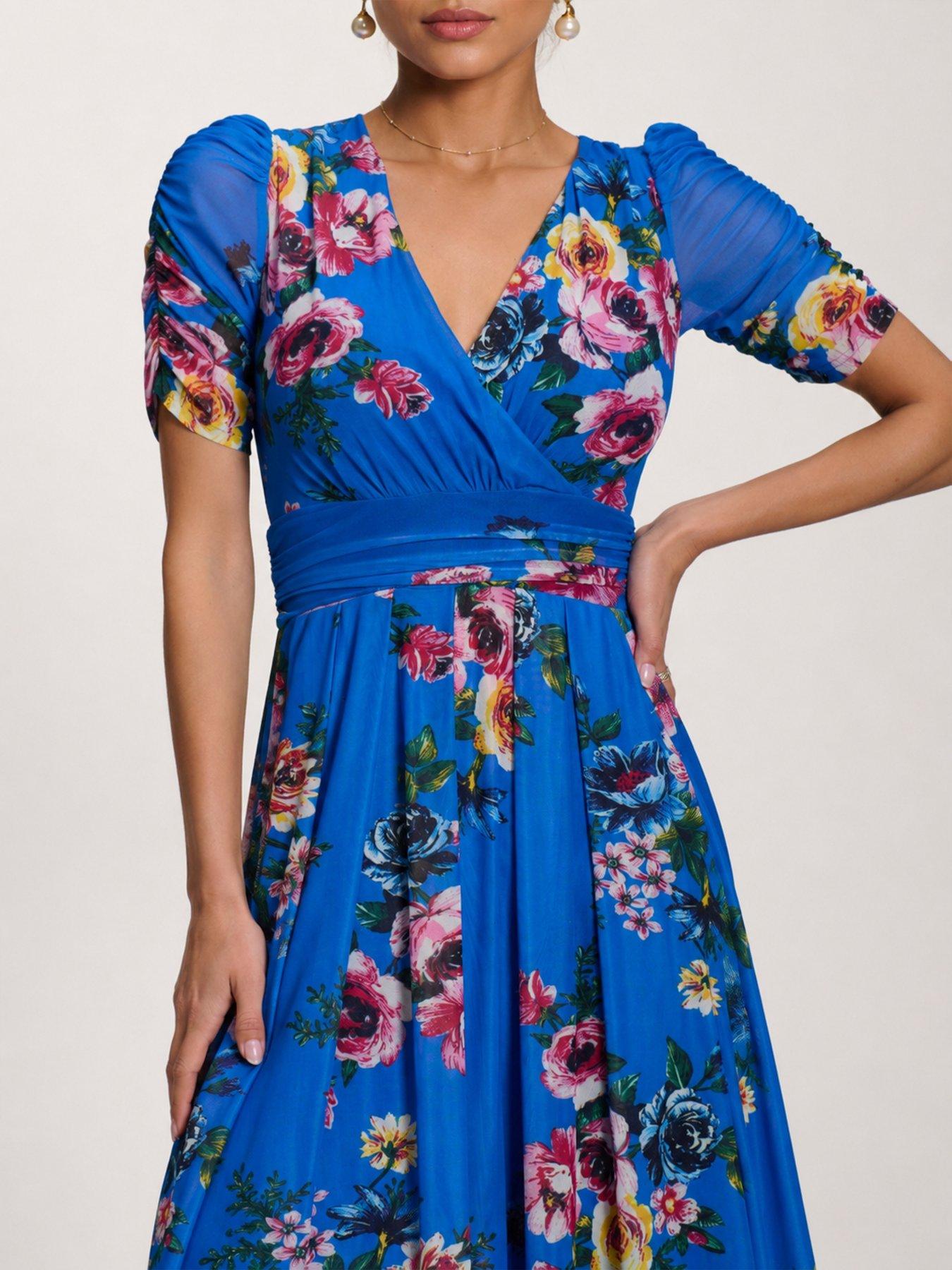 Image 4 of 6 of Jolie Moi Petite Mesh Print Dip Hem Maxi Dress