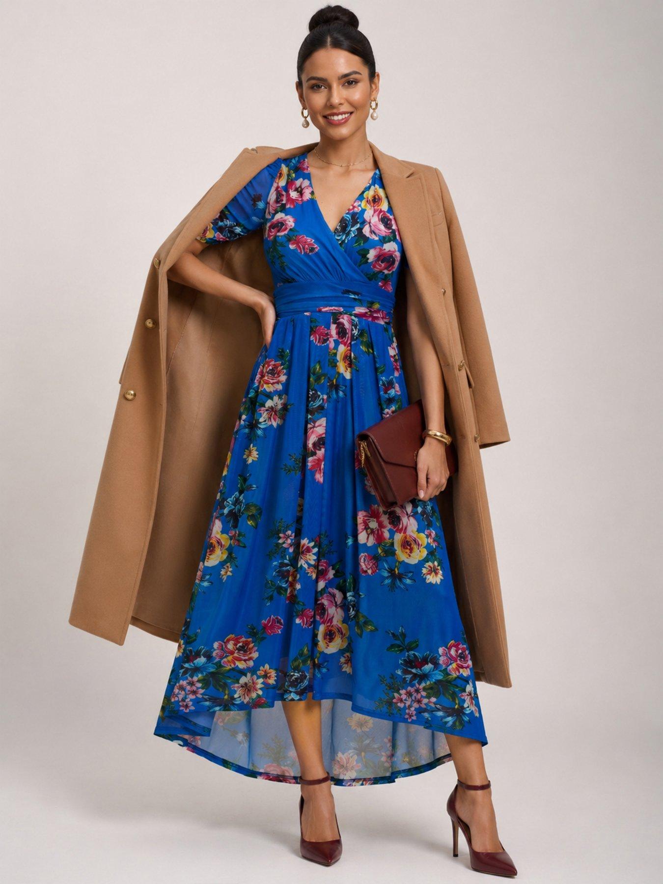 Image 6 of 6 of Jolie Moi Petite Mesh Print Dip Hem Maxi Dress