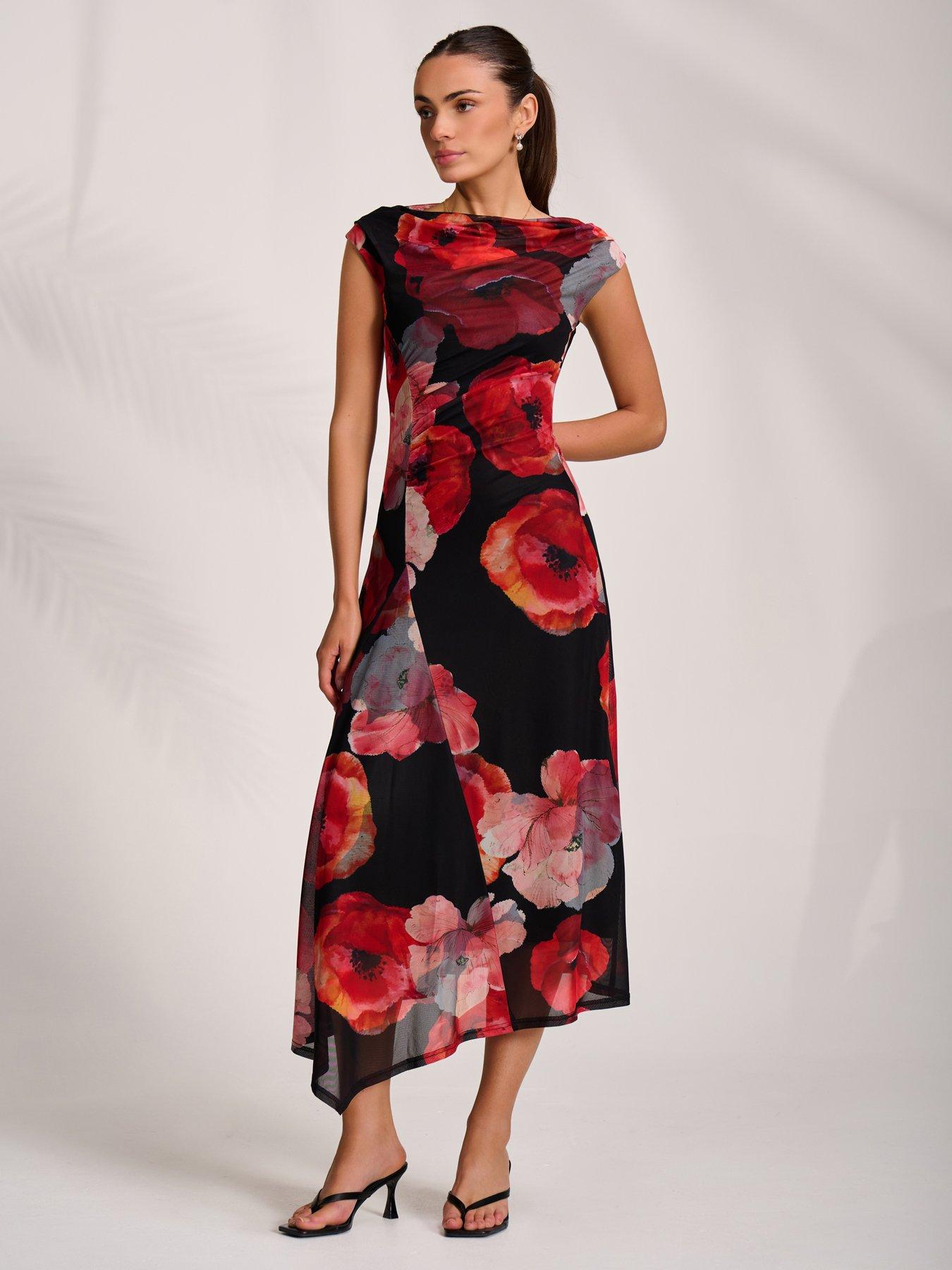 Image 1 of 7 of Jolie Moi Womens Asymmetric Stretch Mesh Midaxi Dress - Red
