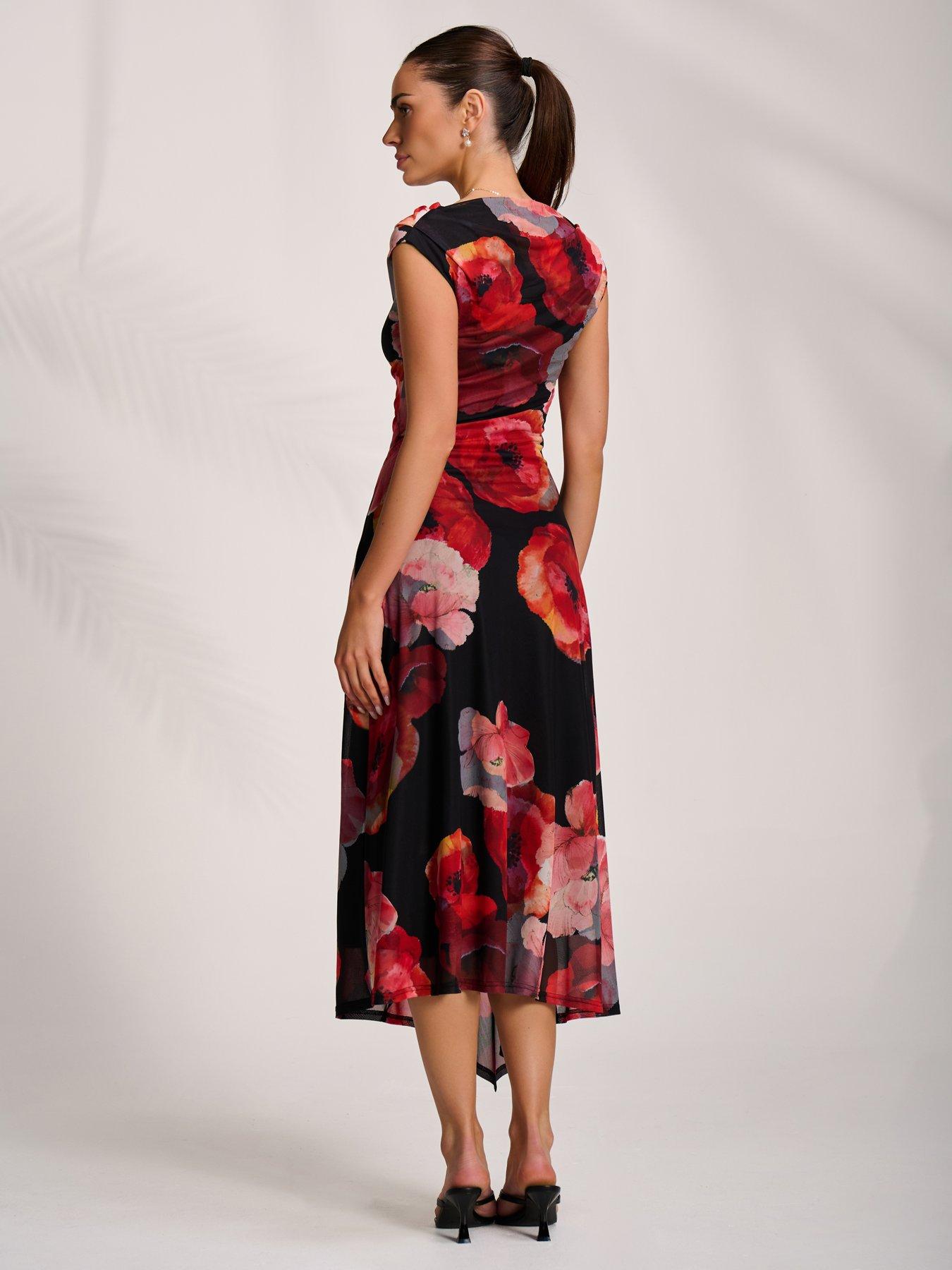 Image 2 of 7 of Jolie Moi Womens Asymmetric Stretch Mesh Midaxi Dress - Red