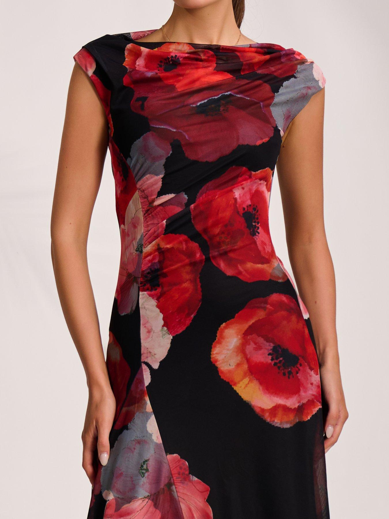 Image 4 of 7 of Jolie Moi Womens Asymmetric Stretch Mesh Midaxi Dress - Red