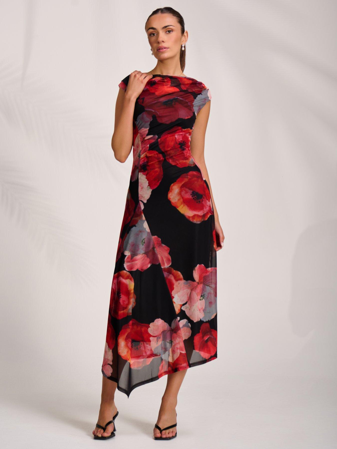 Image 5 of 7 of Jolie Moi Womens Asymmetric Stretch Mesh Midaxi Dress - Red