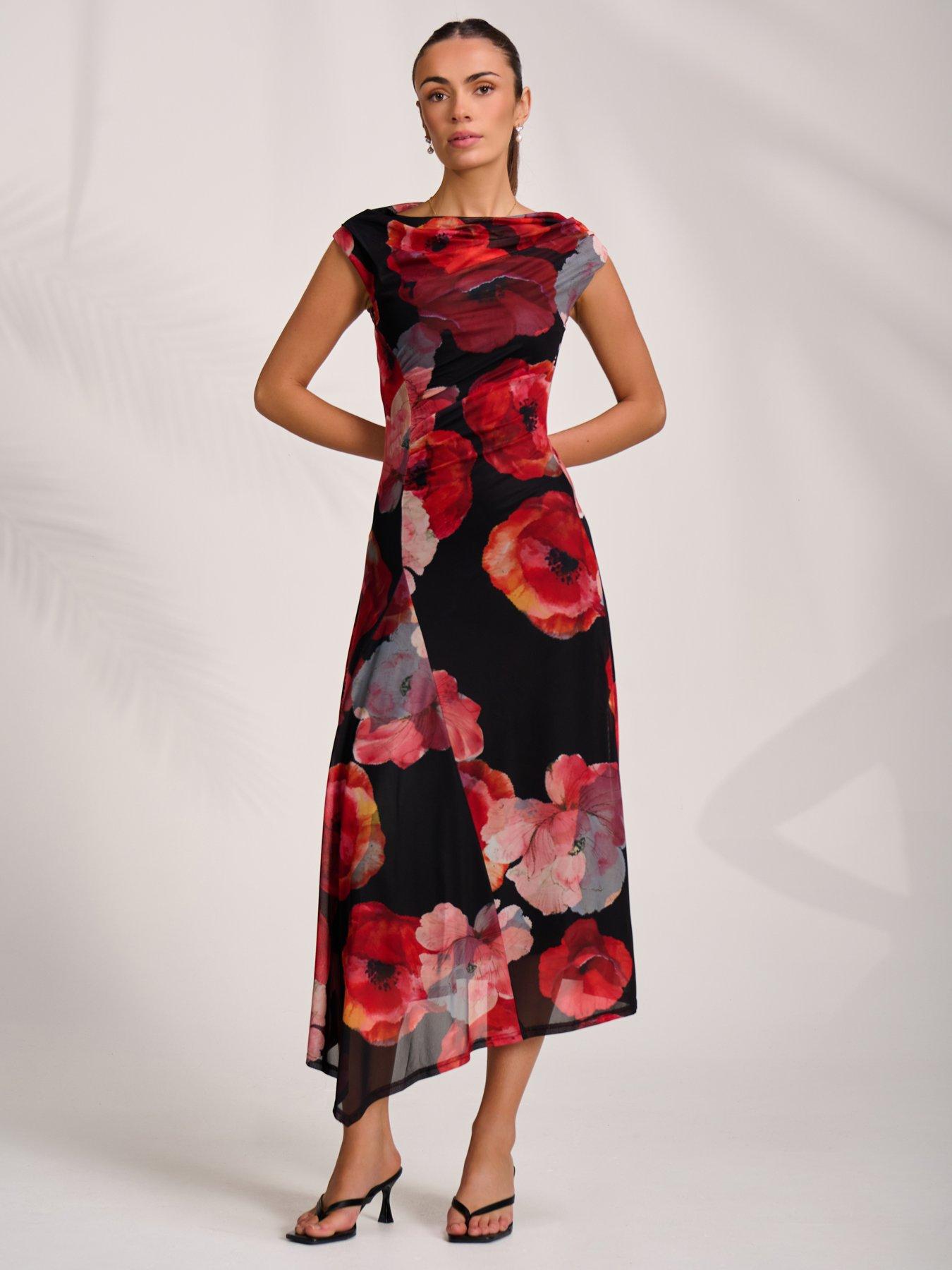 Image 6 of 7 of Jolie Moi Womens Asymmetric Stretch Mesh Midaxi Dress - Red