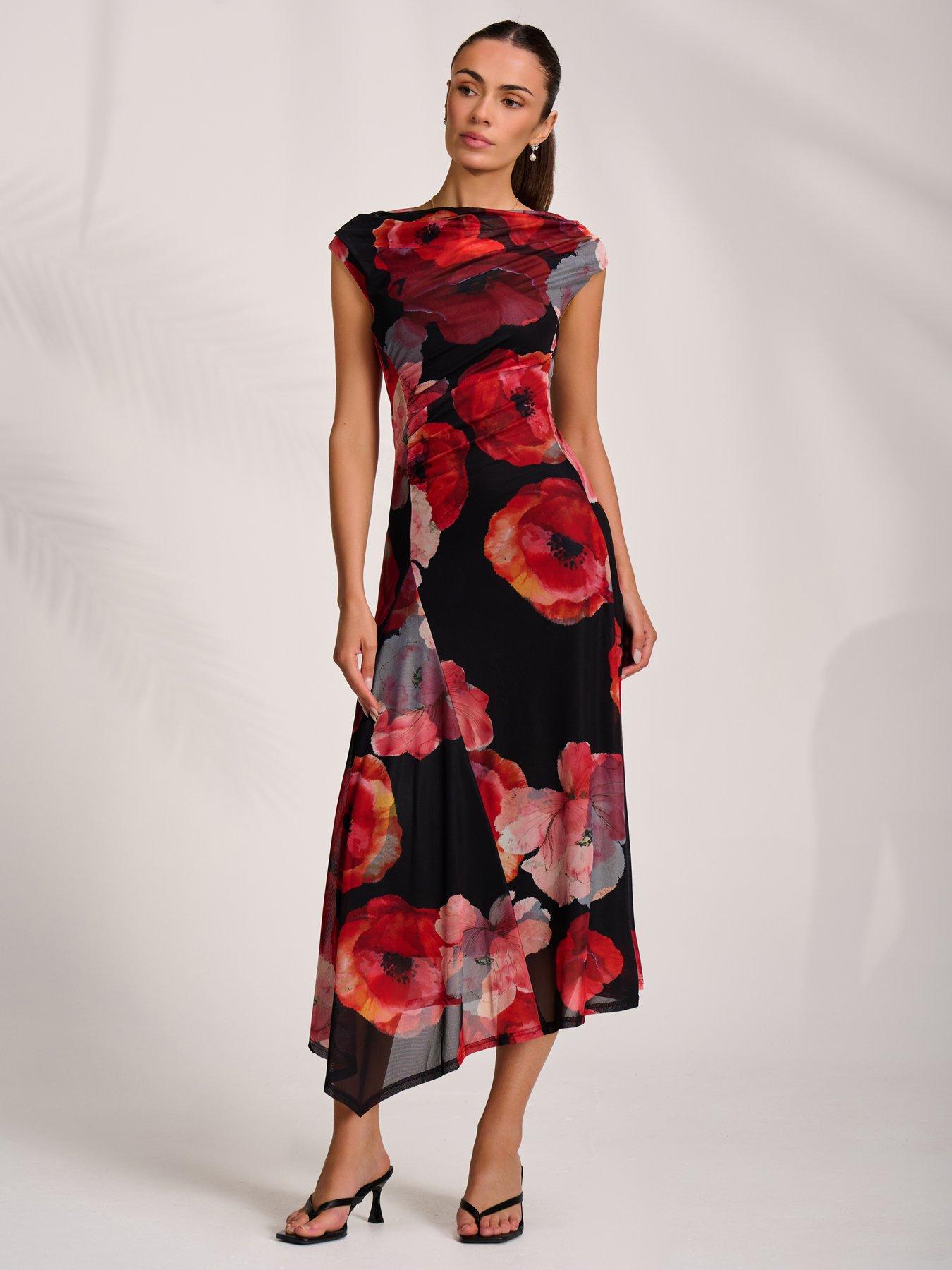 Image 7 of 7 of Jolie Moi Womens Asymmetric Stretch Mesh Midaxi Dress - Red