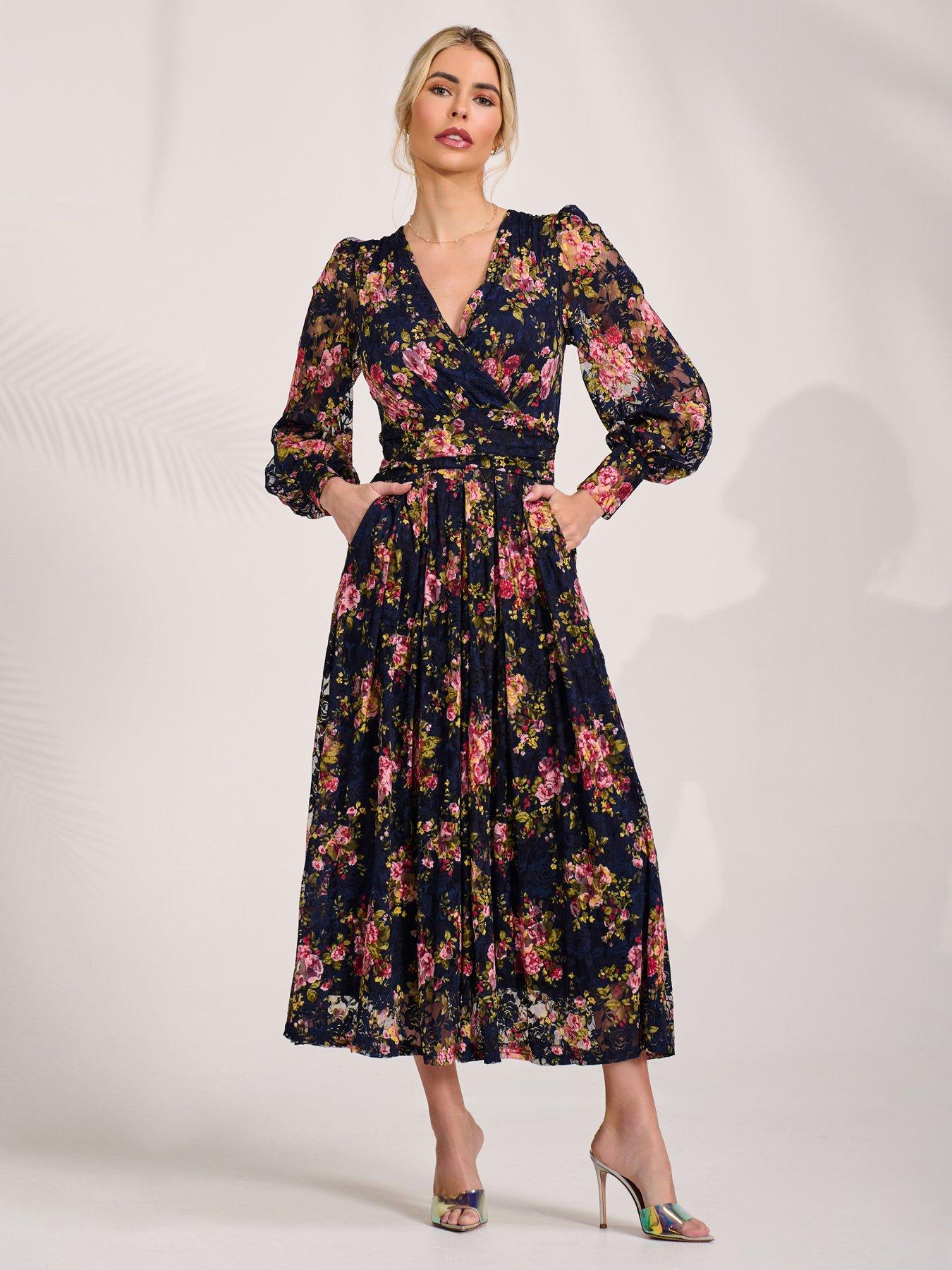 Image 1 of 7 of Jolie Moi Womens Wrap Bodice Sheer Sleeve Maxi Dress - Navy