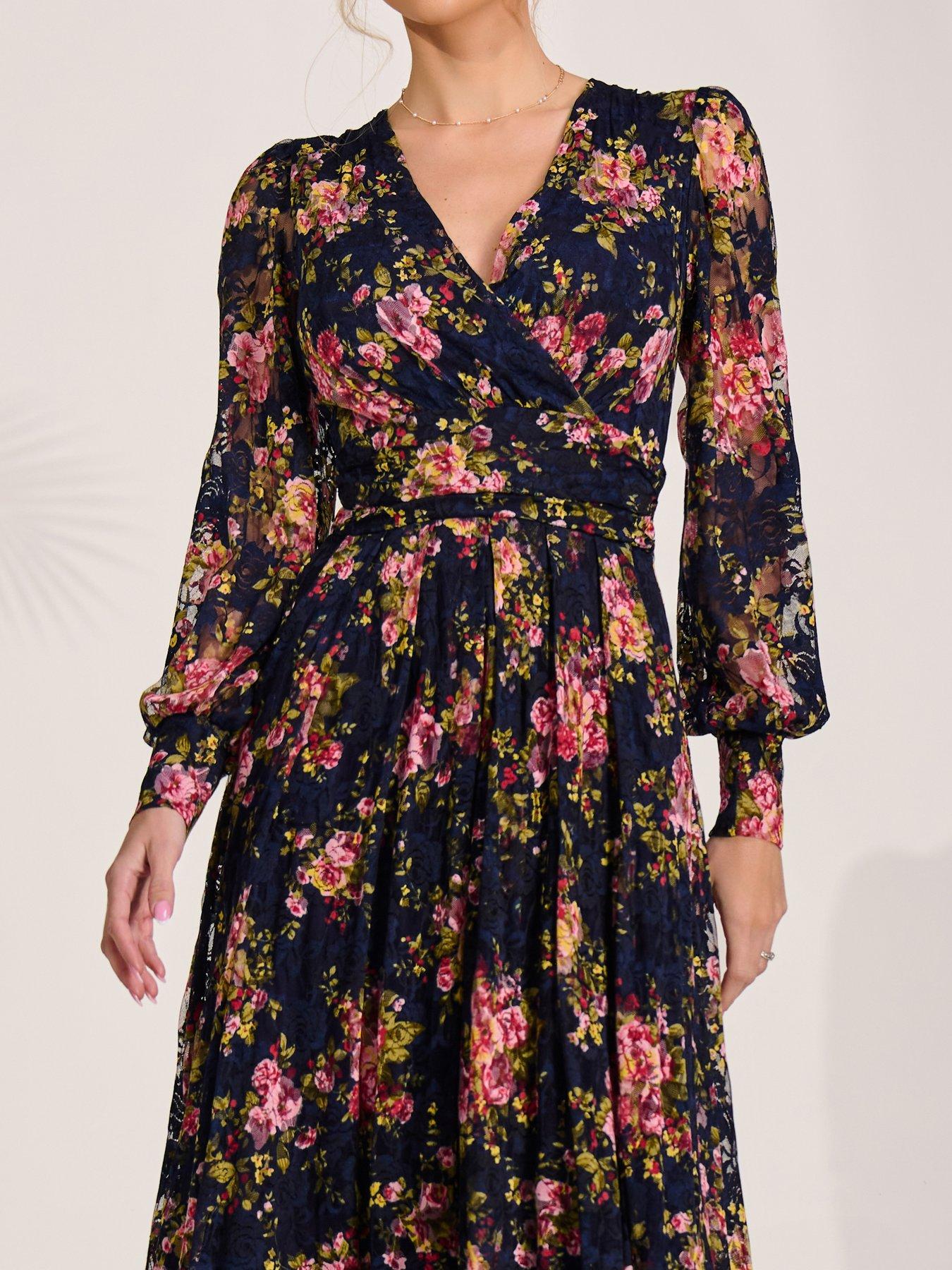 Image 4 of 7 of Jolie Moi Womens Wrap Bodice Sheer Sleeve Maxi Dress - Navy