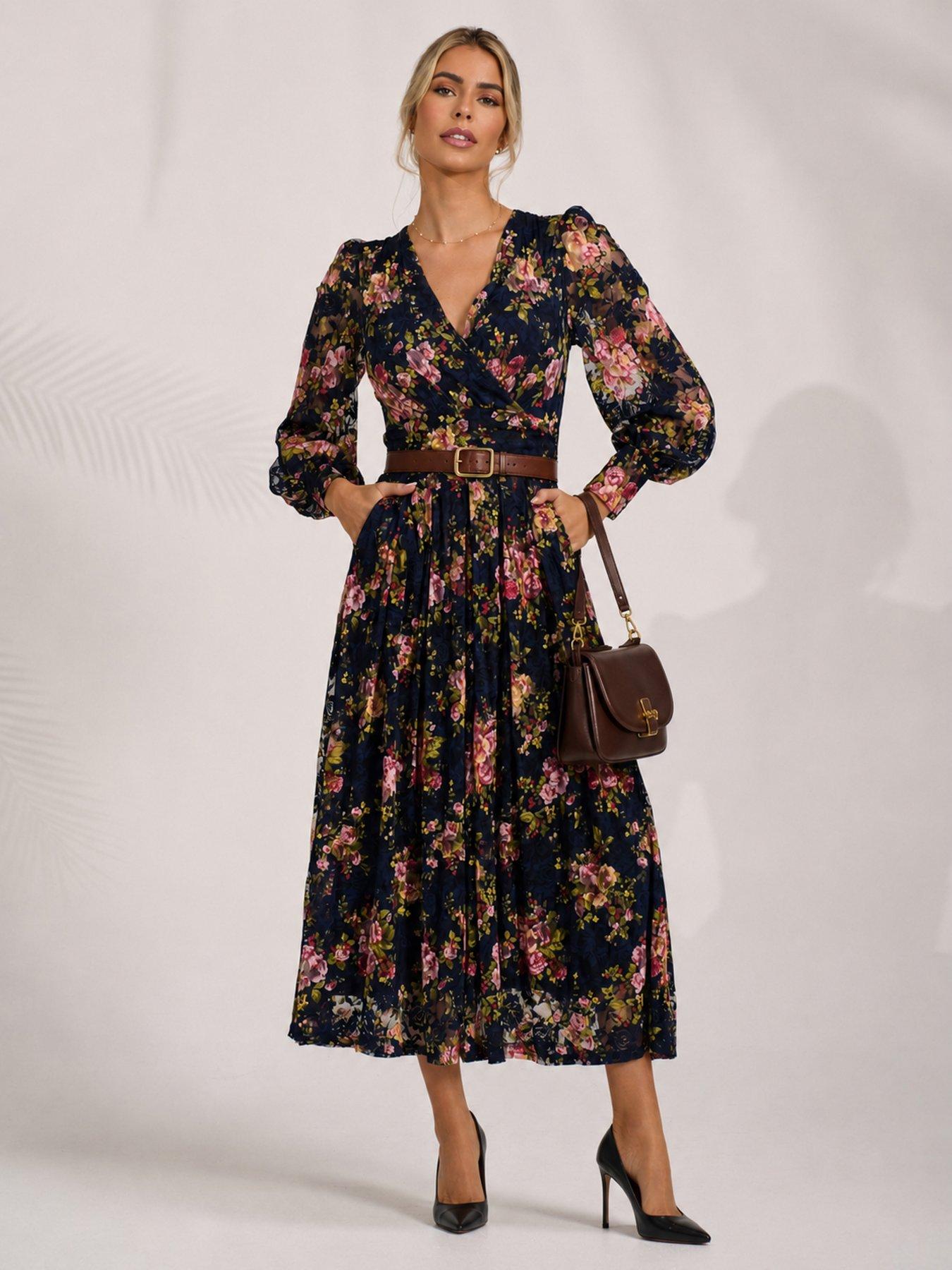 Image 5 of 7 of Jolie Moi Womens Wrap Bodice Sheer Sleeve Maxi Dress - Navy