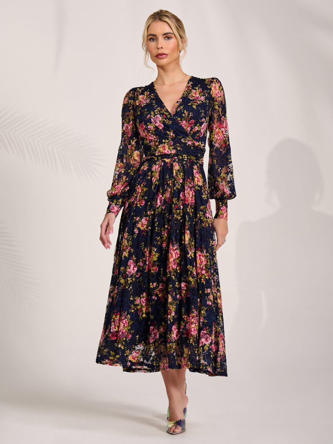 Image 6 of 7 of Jolie Moi Womens Wrap Bodice Sheer Sleeve Maxi Dress - Navy