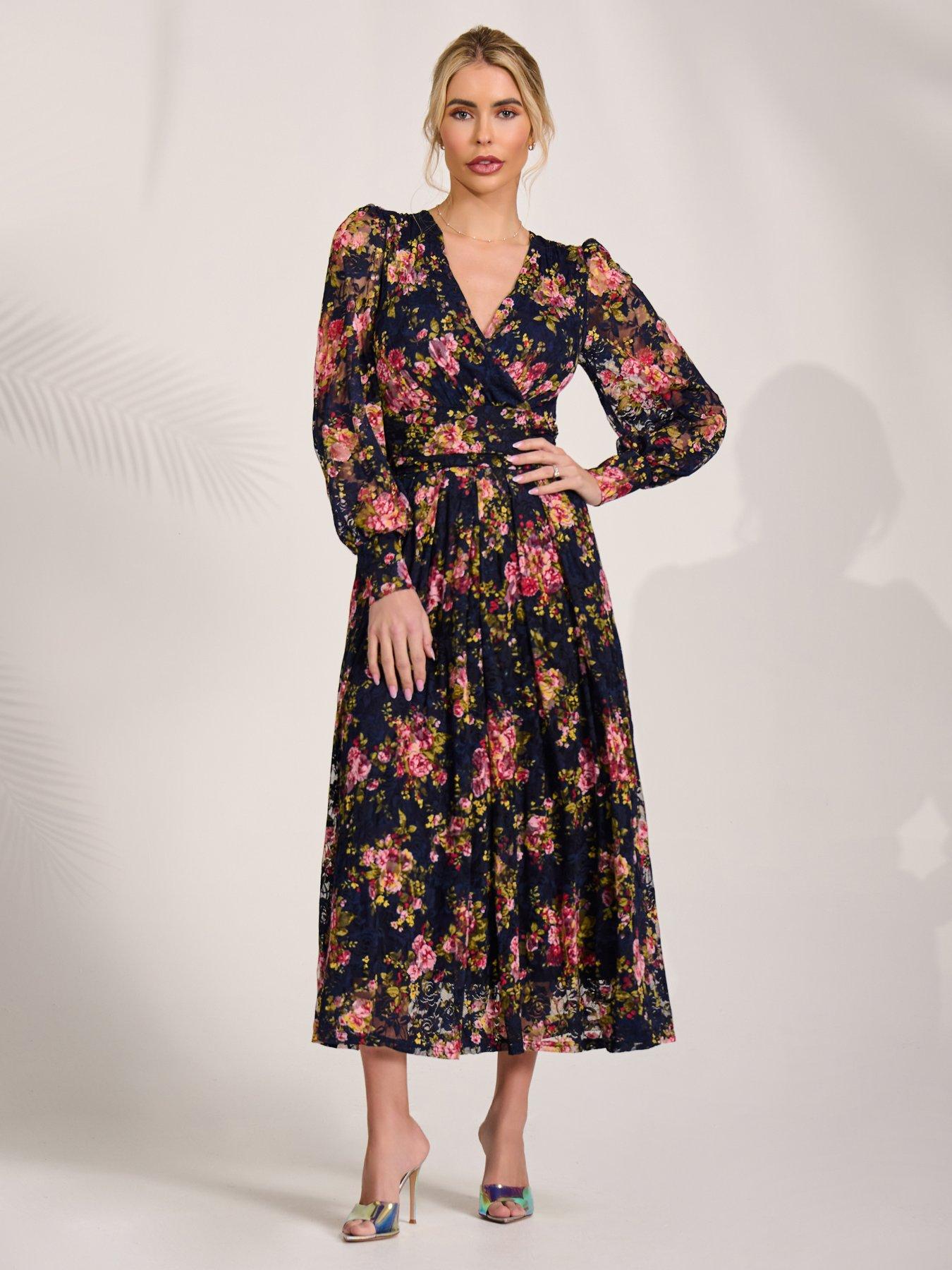 Image 7 of 7 of Jolie Moi Womens Wrap Bodice Sheer Sleeve Maxi Dress - Navy