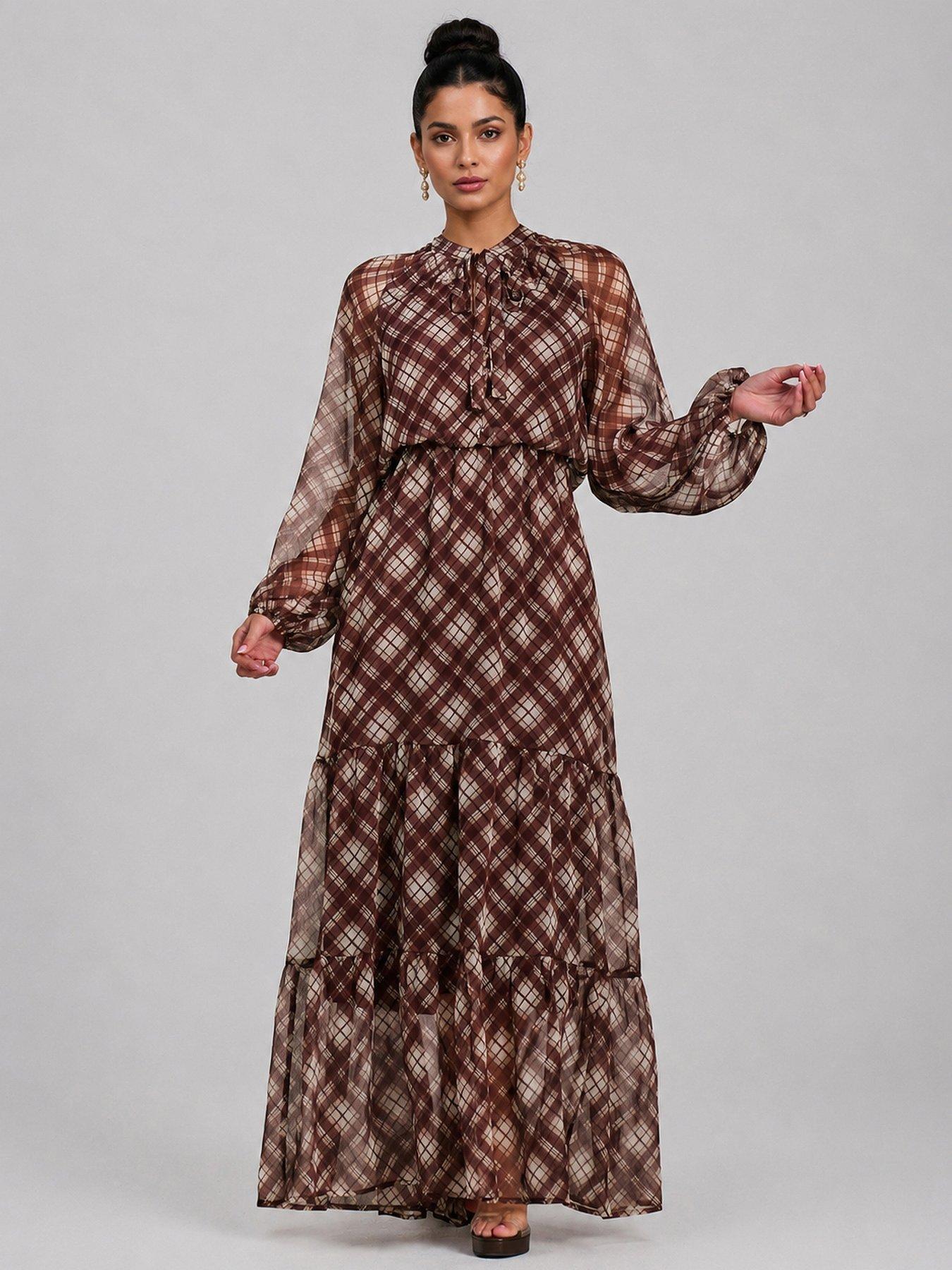 Jolie Moi Long Sleeve Tie Neck Maxi Dress