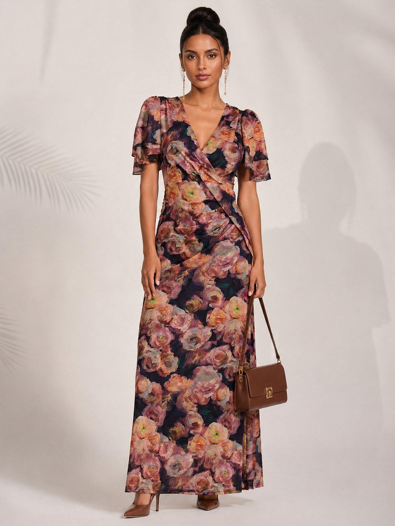 Jolie Moi Angel Sleeve Draped Mesh Maxi Dress