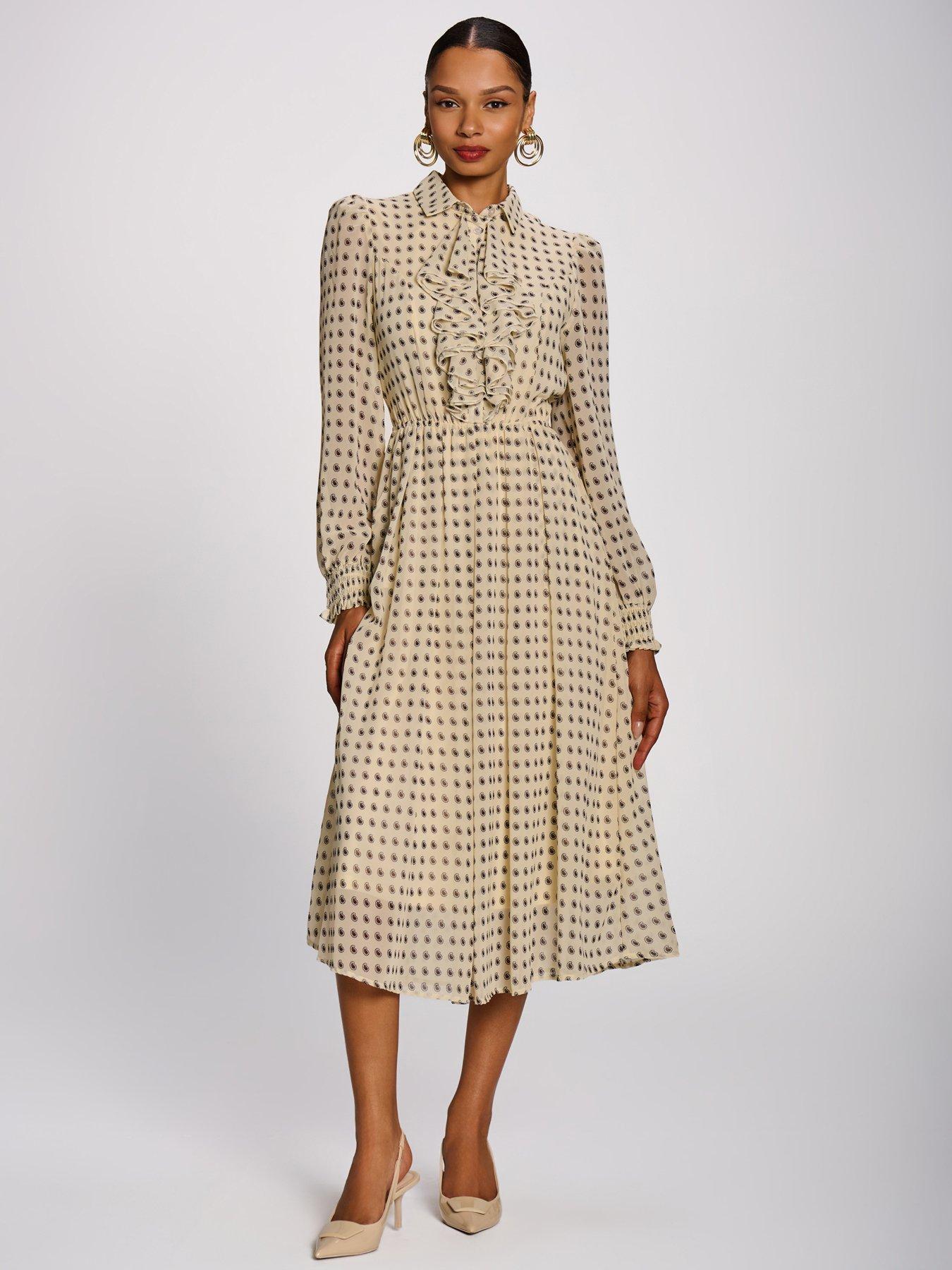 Image 1 of 7 of Jolie Moi Chiffon Print Ruffled Shirt Dress