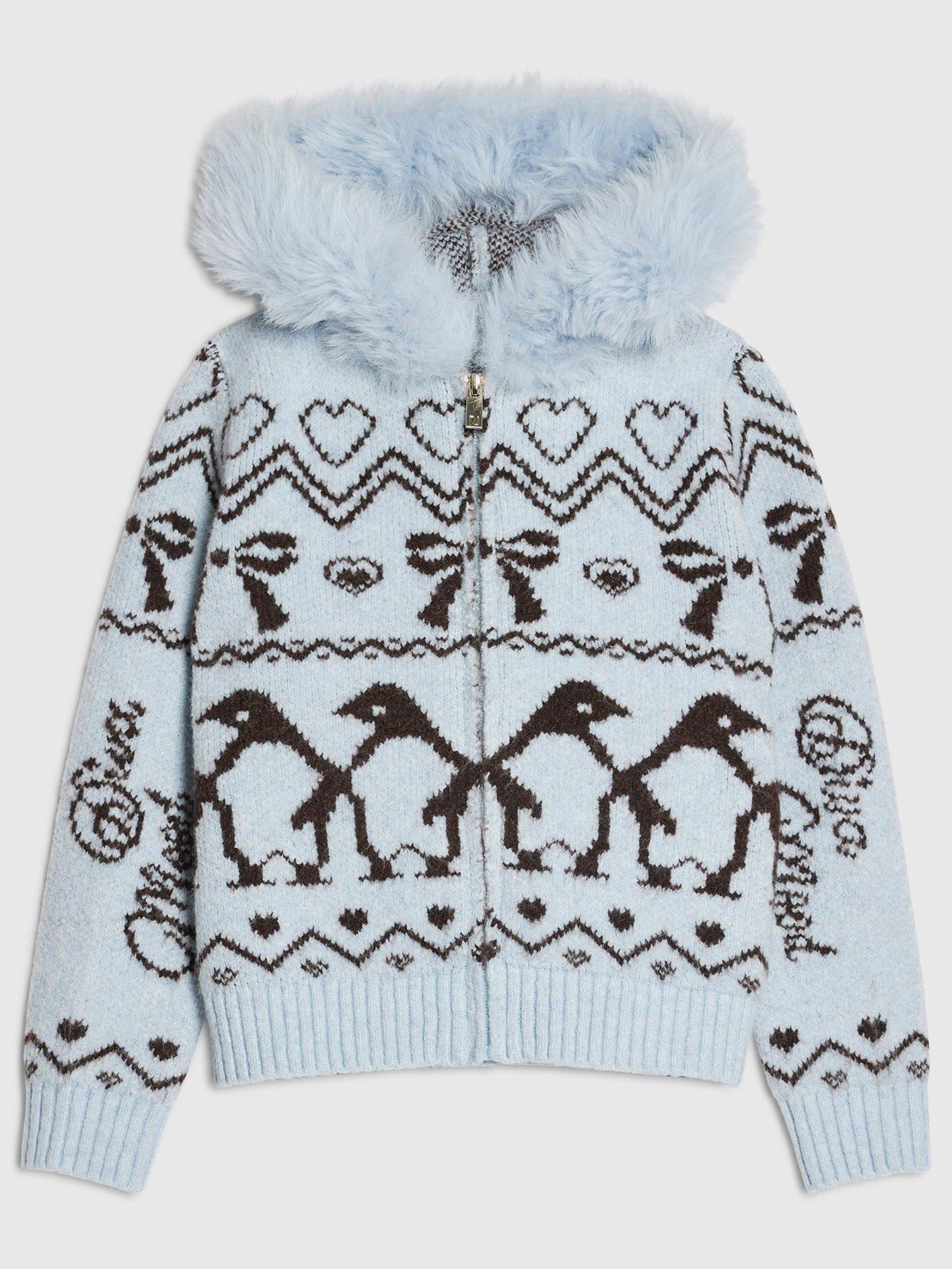 River Island Girls Faux Fur Hooded Zip Cardigan - Blue