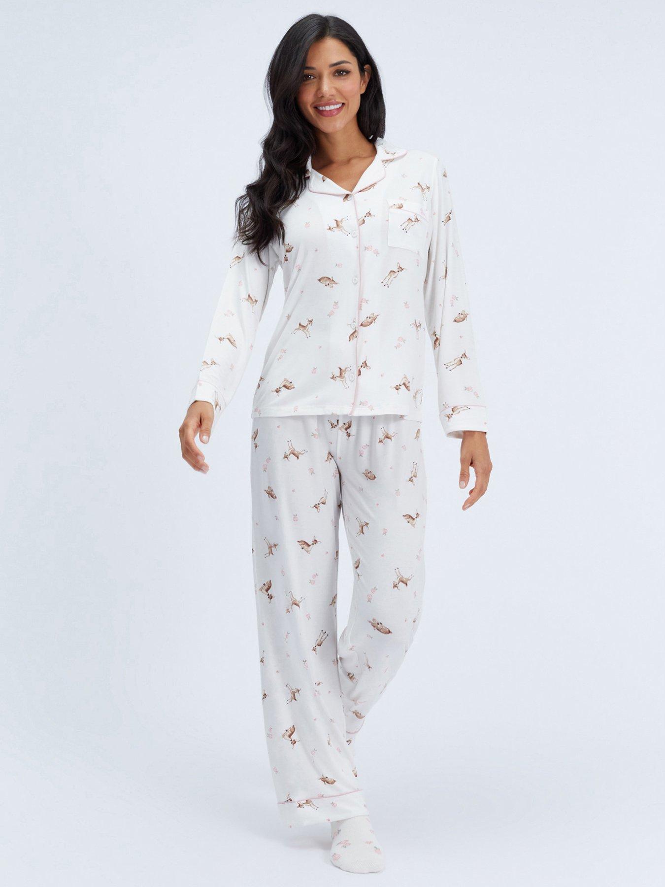 Image 1 of 6 of Boux Avenue Womens Deer Button-Through Modal Pyjama Set - White