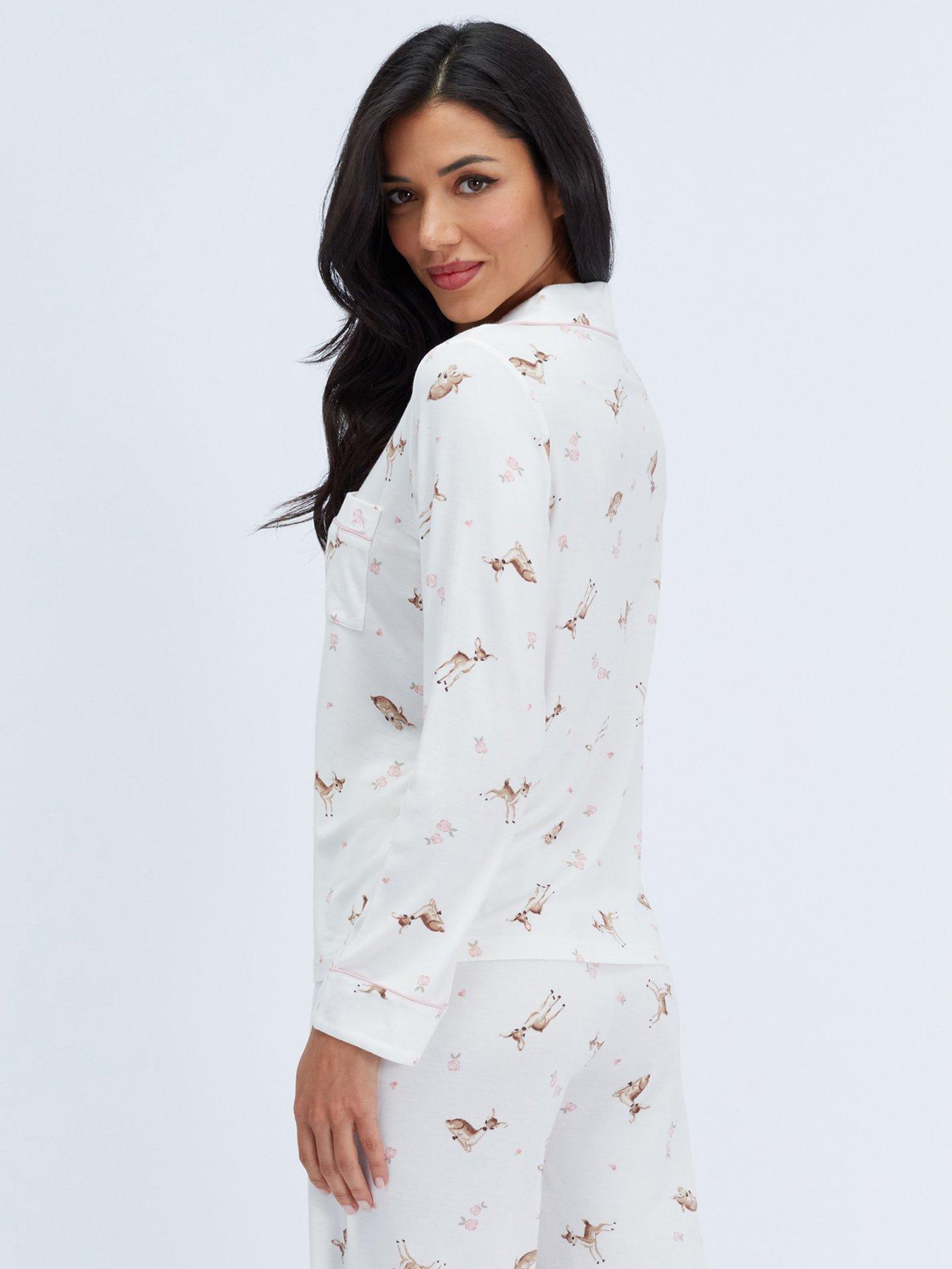 Image 2 of 6 of Boux Avenue Womens Deer Button-Through Modal Pyjama Set - White