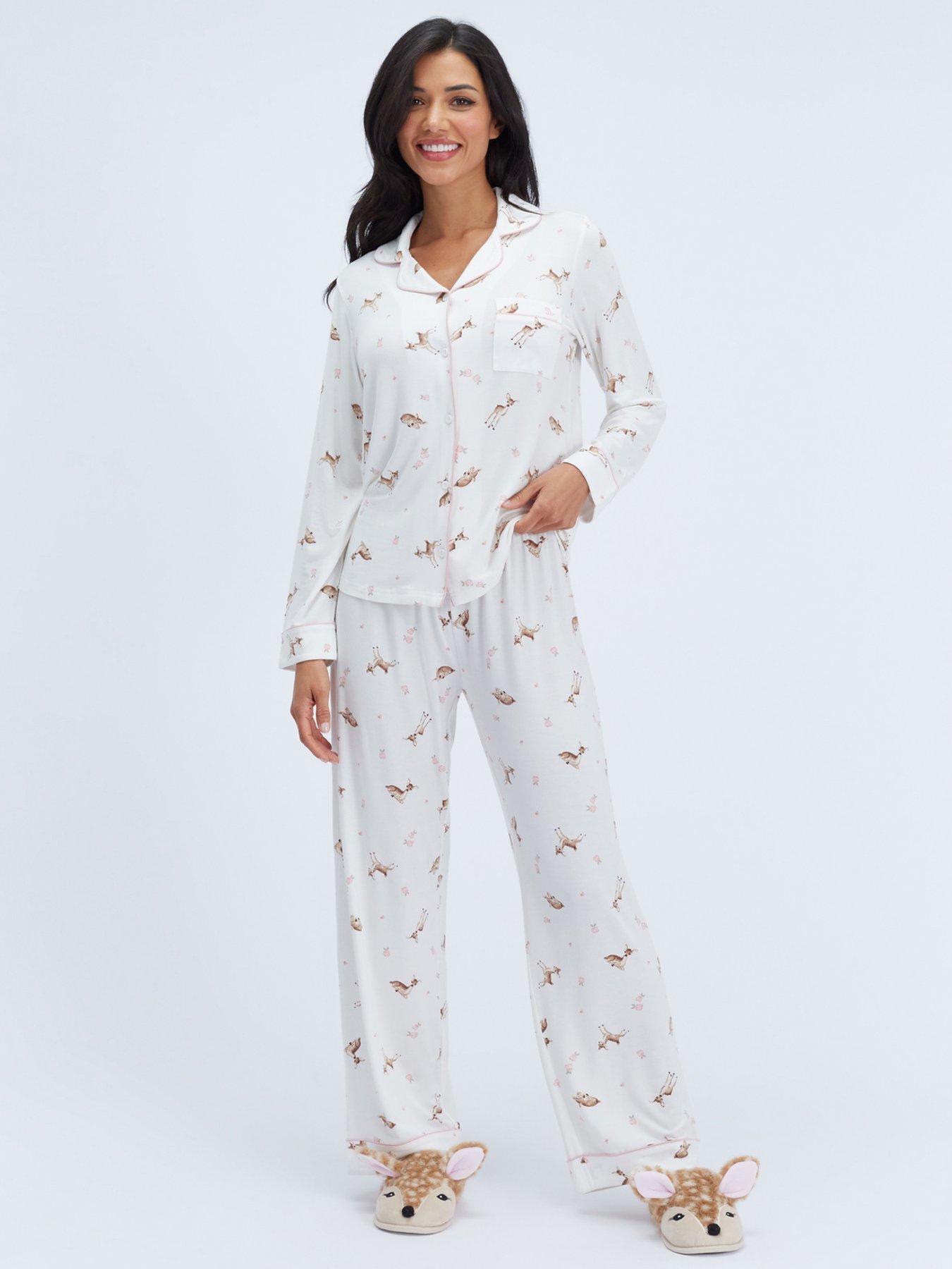 Image 3 of 6 of Boux Avenue Womens Deer Button-Through Modal Pyjama Set - White