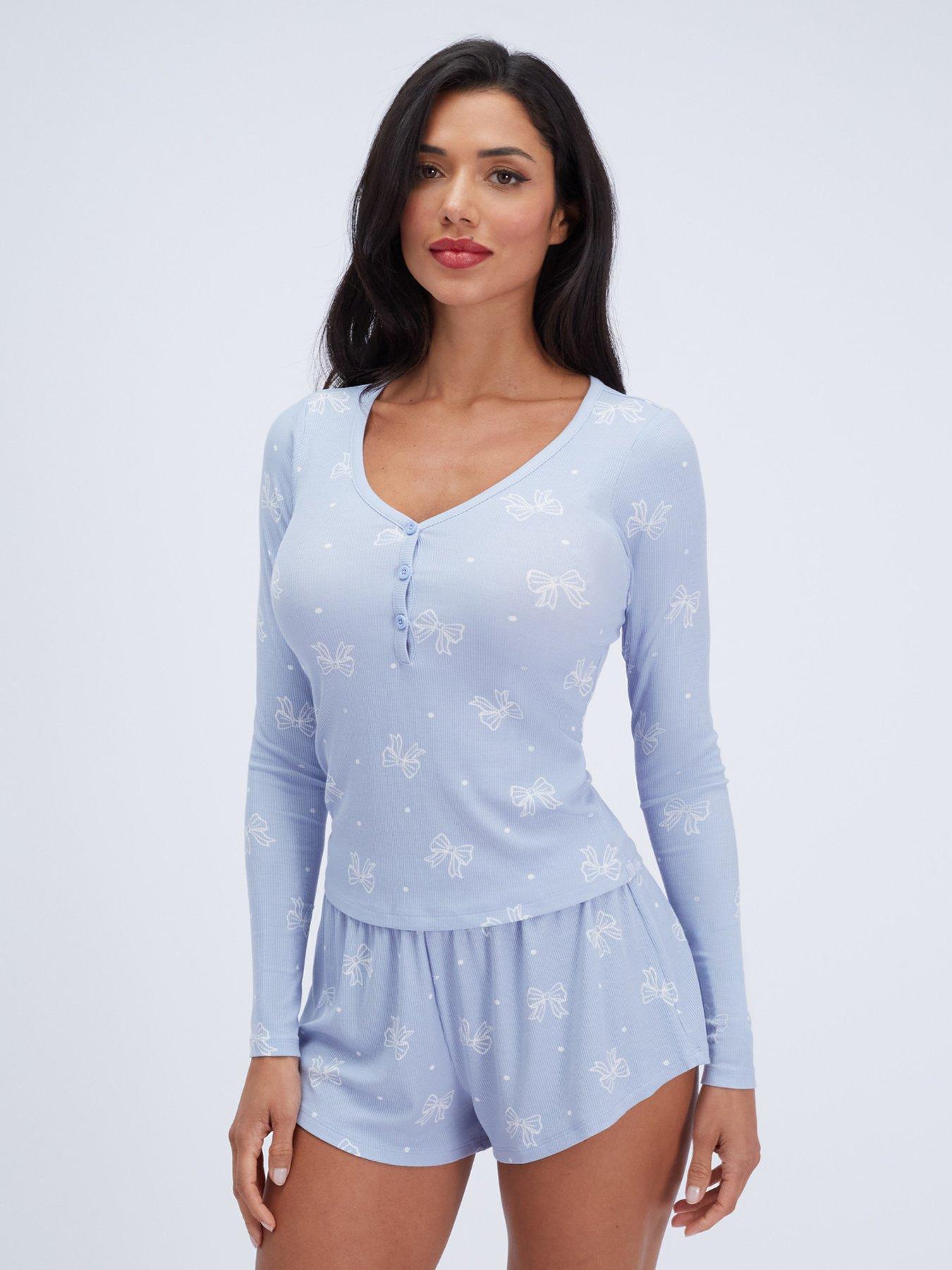 Image 4 of 6 of Boux Avenue Womens Bow Rib Modal Button Front Short Pyjama Set - Blue