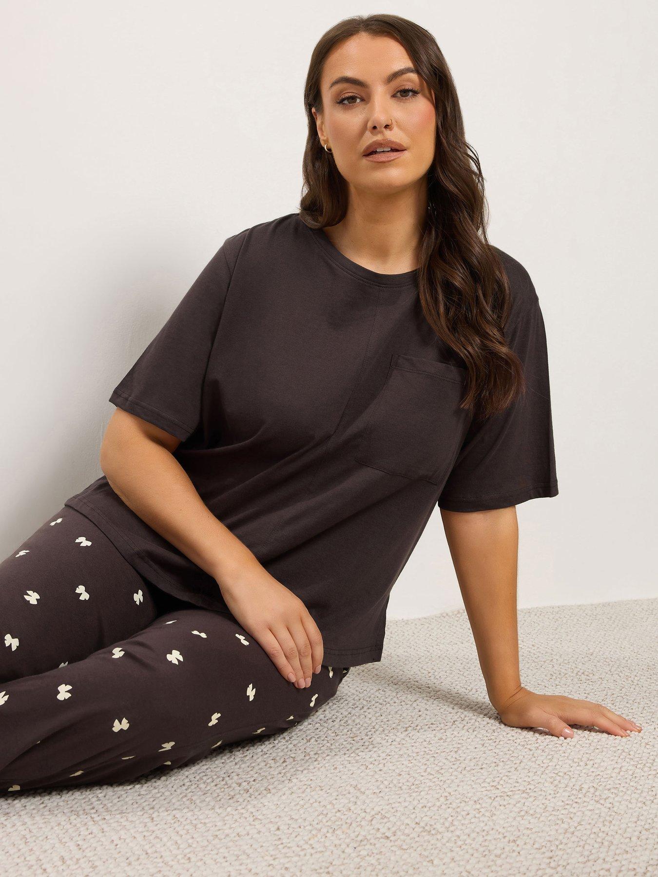 Image 1 of 4 of Yours Womens Curve Bows Wide Leg Soft-Feel Pyjama Set - Brown