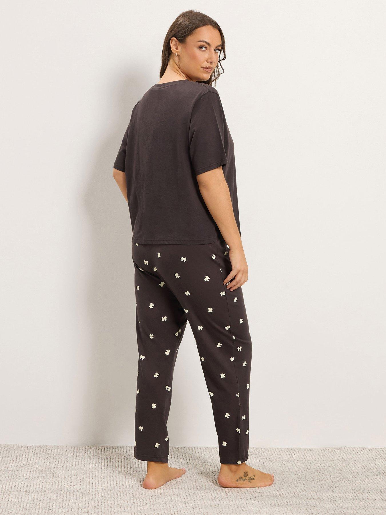 Image 2 of 4 of Yours Womens Curve Bows Wide Leg Soft-Feel Pyjama Set - Brown