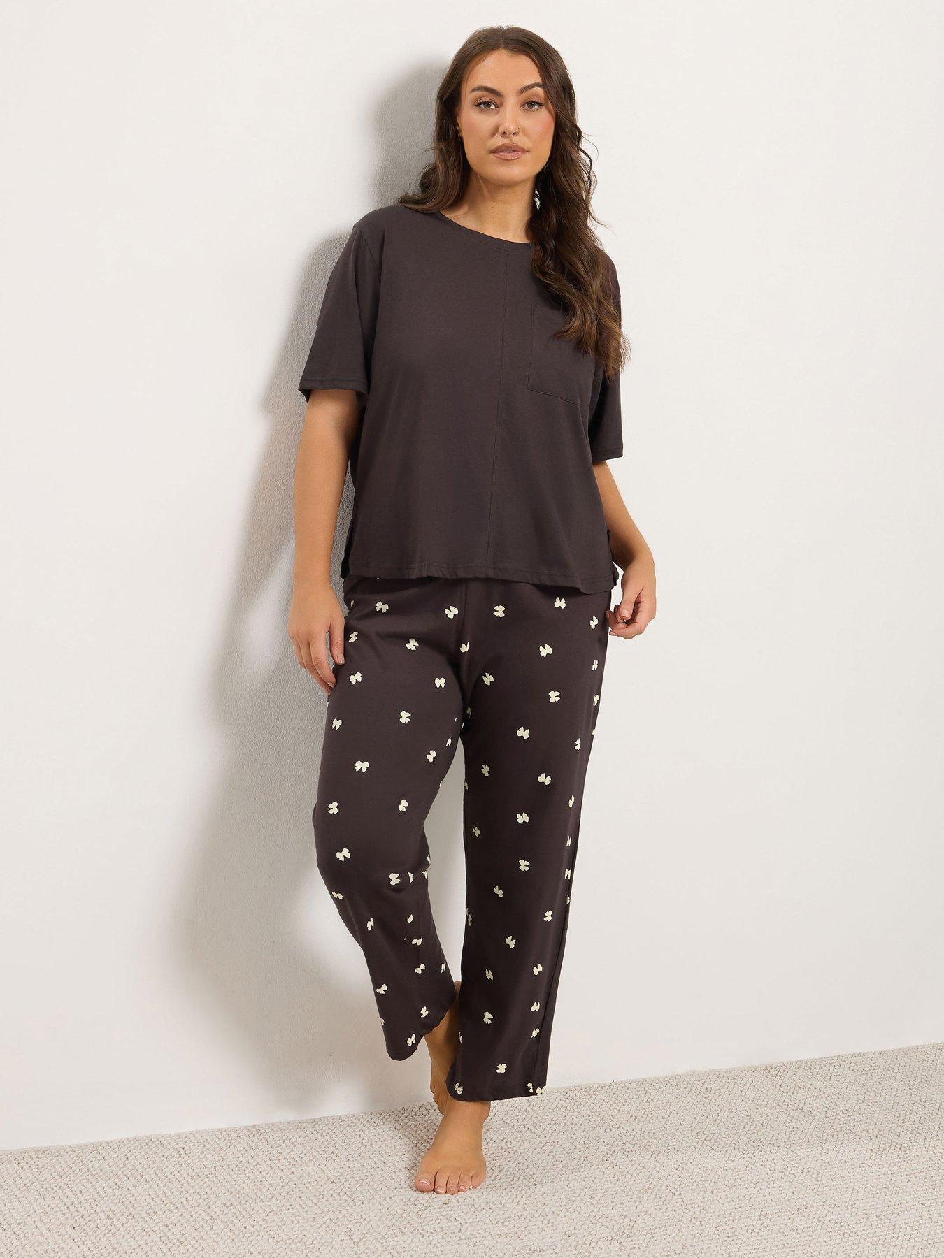 Image 3 of 4 of Yours Womens Curve Bows Wide Leg Soft-Feel Pyjama Set - Brown