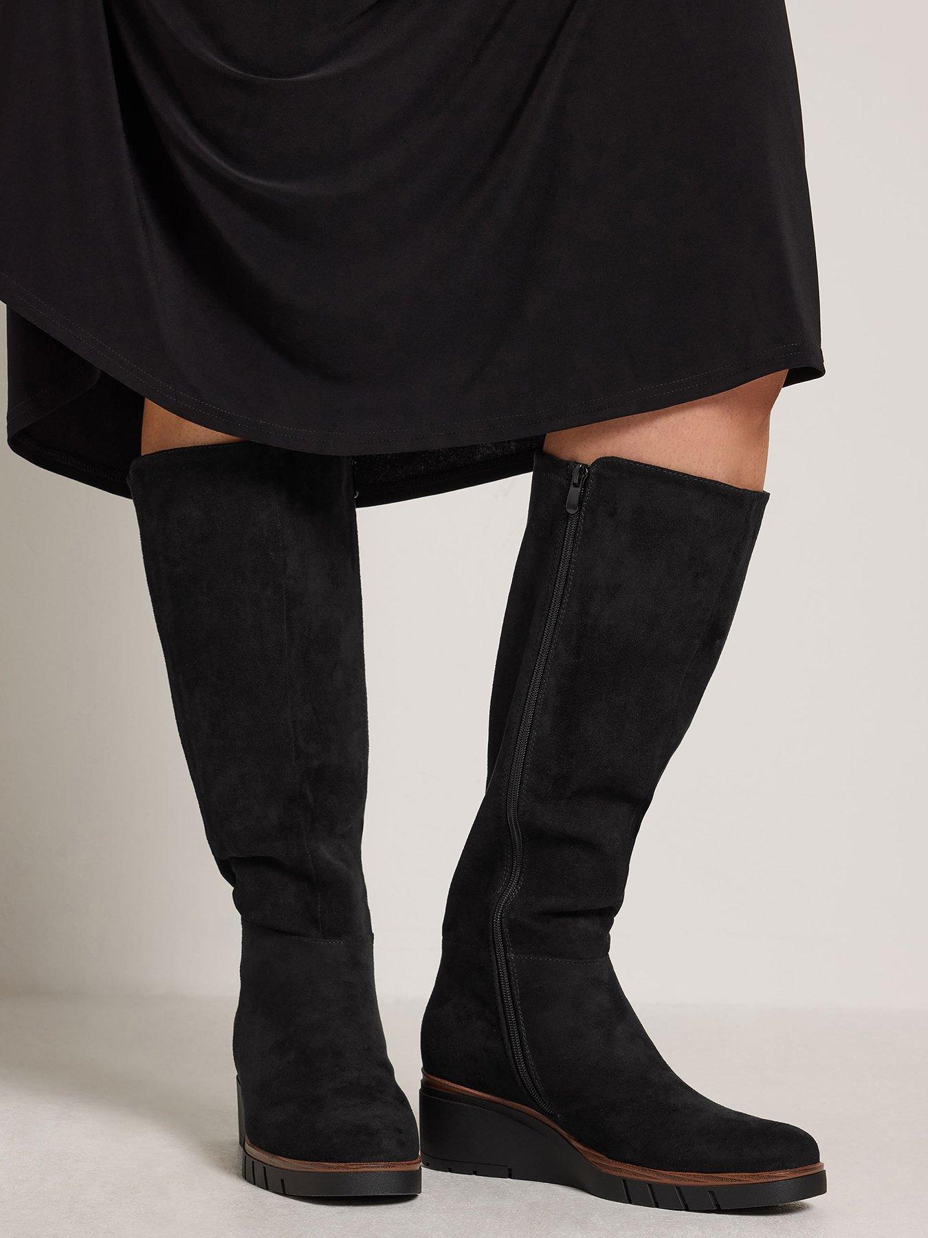 Image 1 of 4 of Yours Womens Wide Fit Stretch Back Wedge Knee High Boots - Black