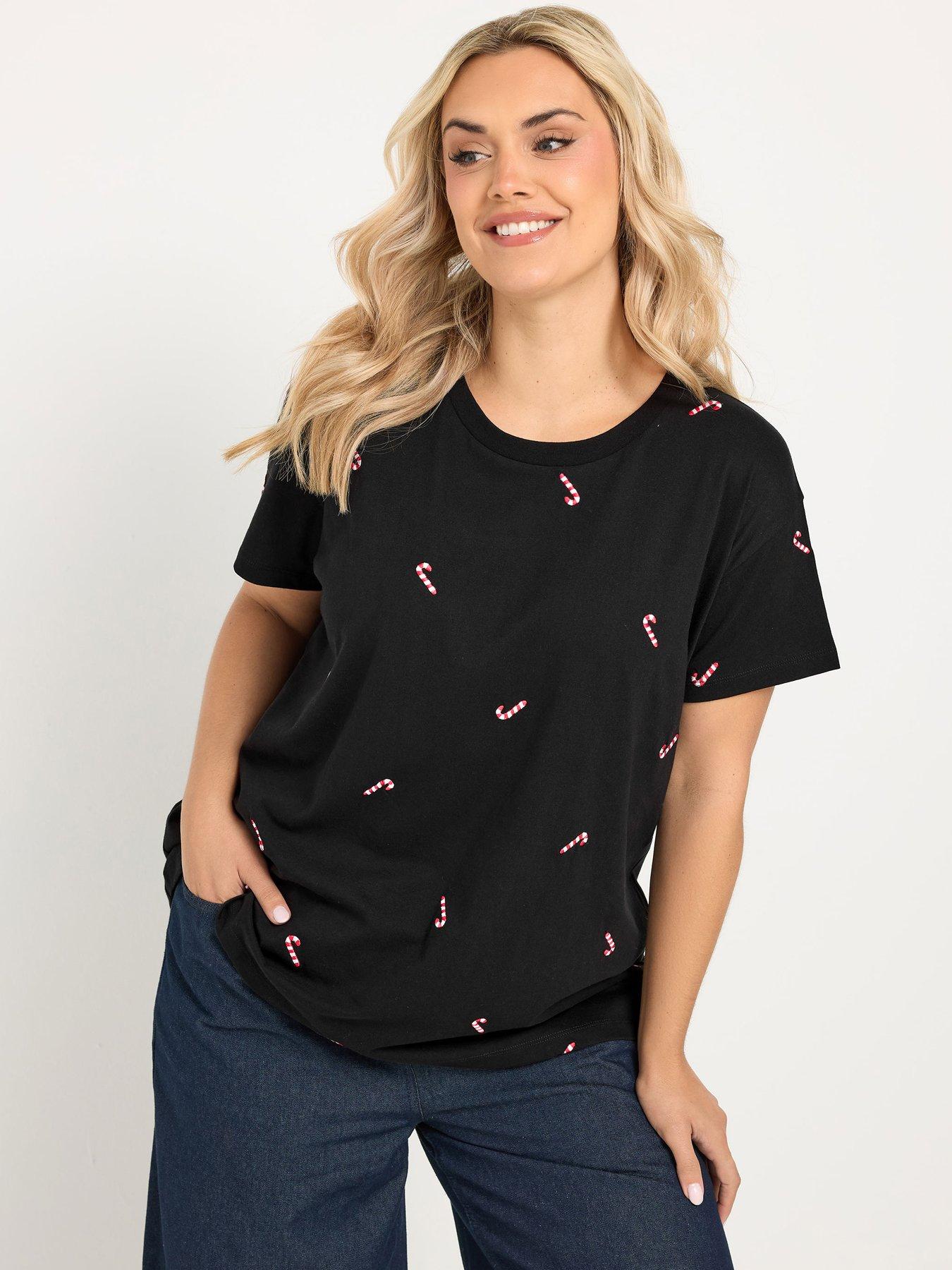 Image 1 of 4 of Yours Womens Curve Christmas Candy Cane Embroidered T-Shirt - Black