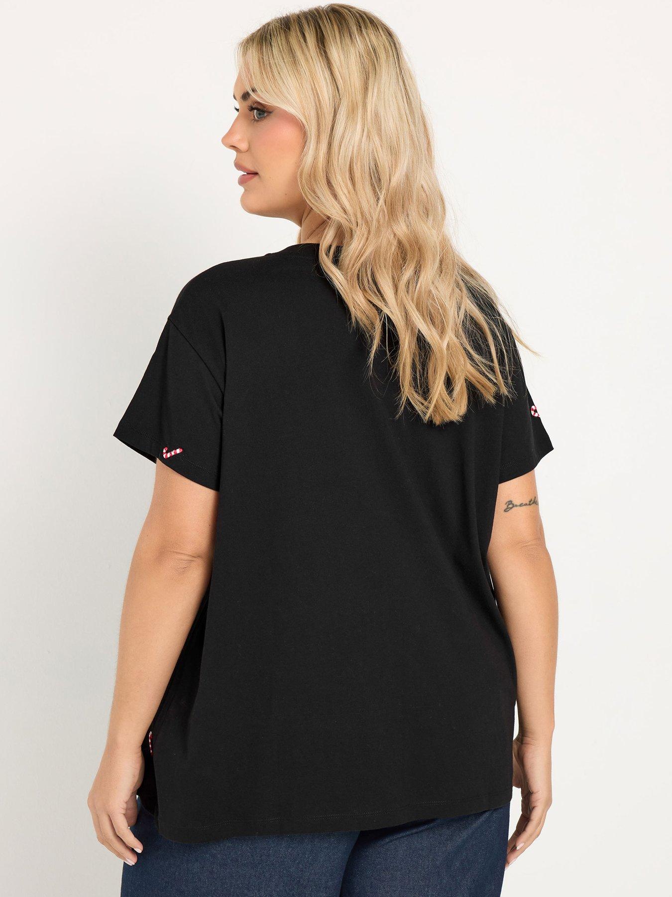 Image 2 of 4 of Yours Womens Curve Christmas Candy Cane Embroidered T-Shirt - Black