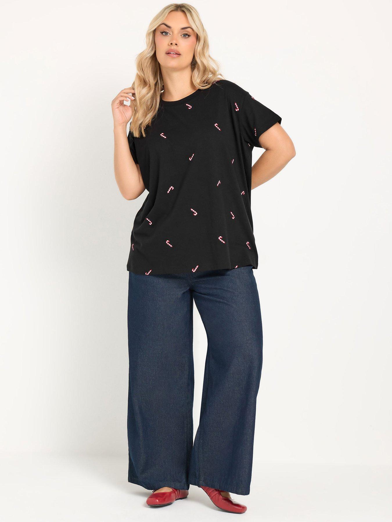 Image 3 of 4 of Yours Womens Curve Christmas Candy Cane Embroidered T-Shirt - Black