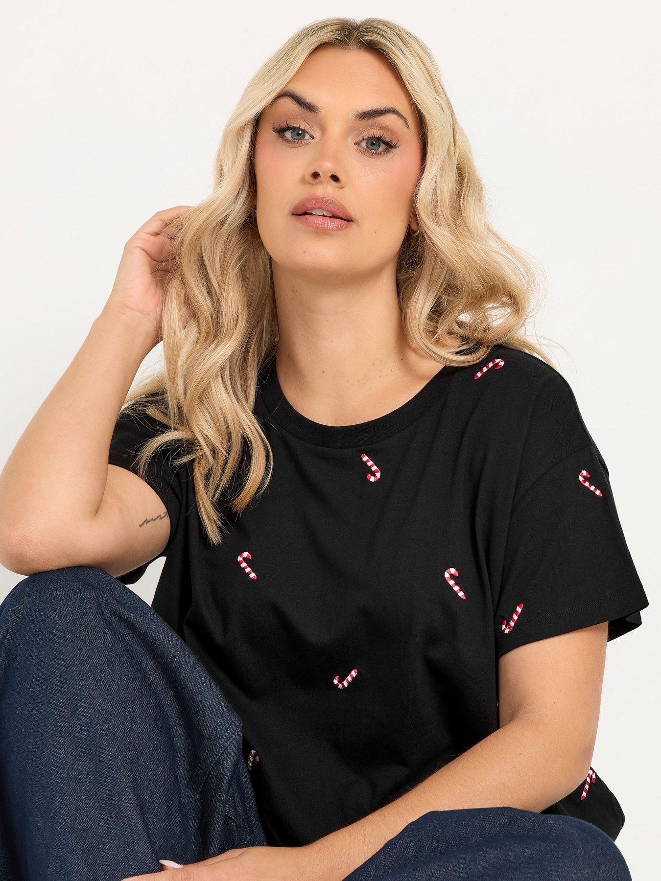 Image 4 of 4 of Yours Womens Curve Christmas Candy Cane Embroidered T-Shirt - Black