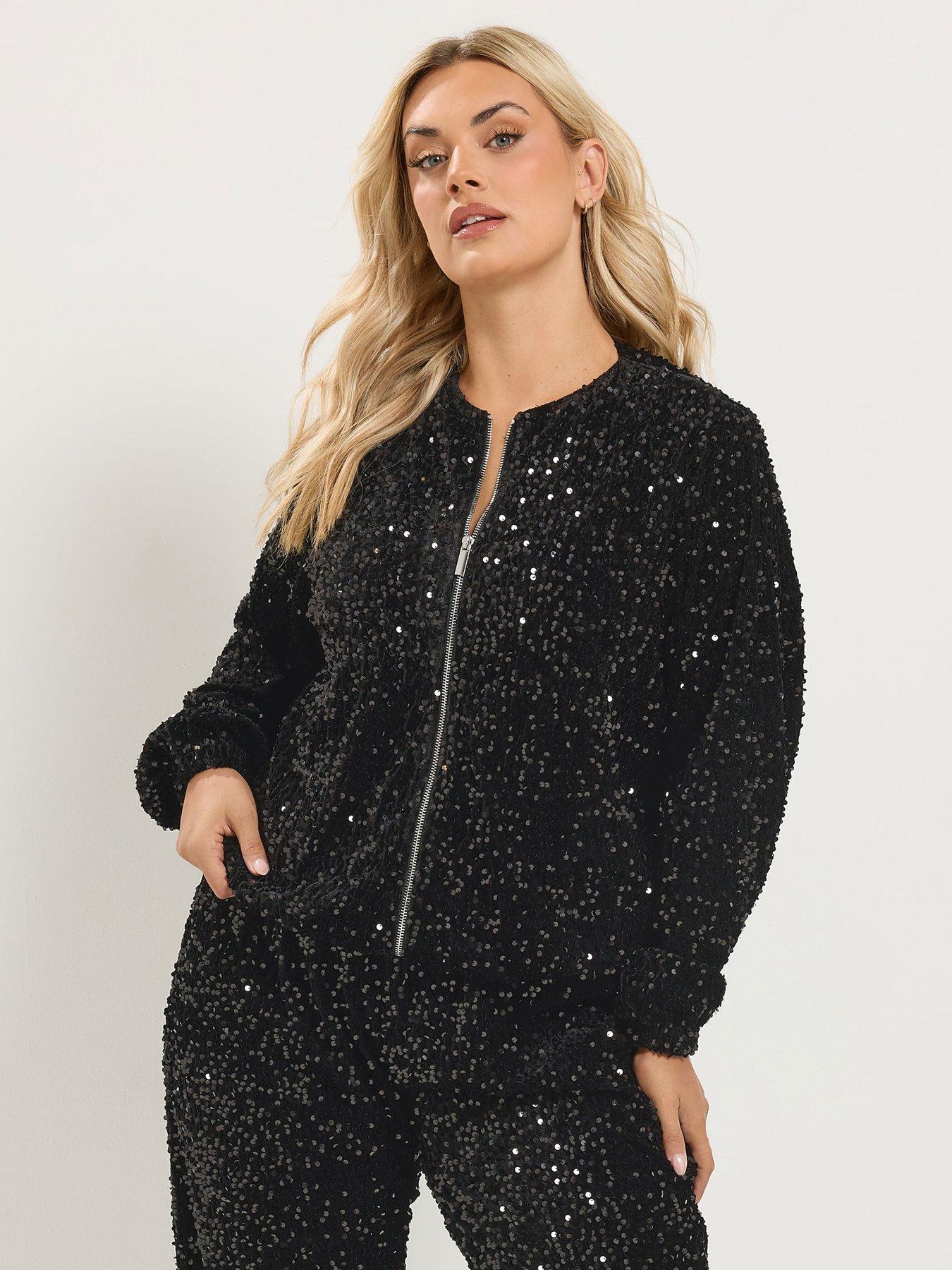 Image 1 of 4 of Yours Womens Curve Party Sequin Zip-Through Bomber Jacket - Black