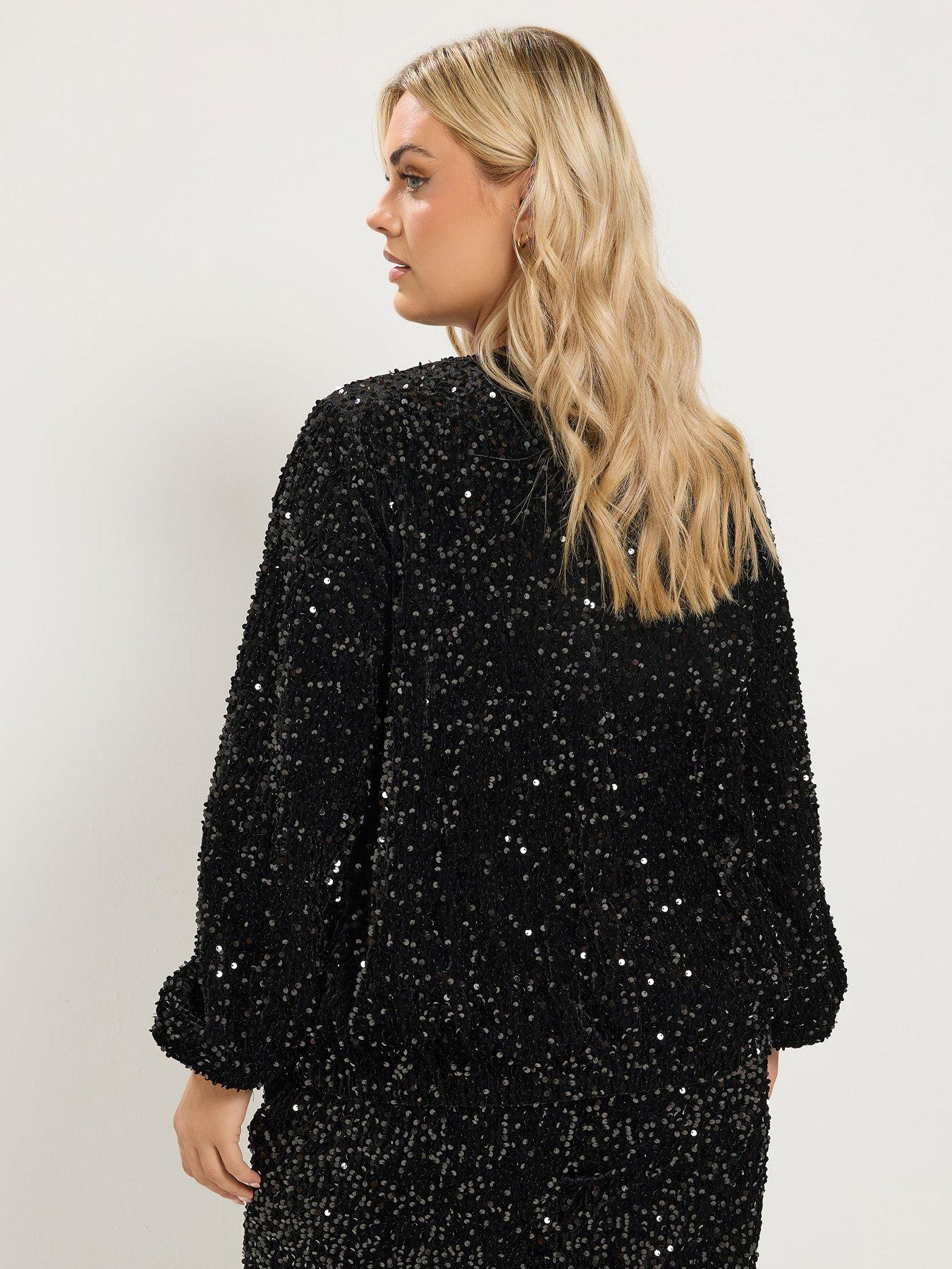 Image 2 of 4 of Yours Womens Curve Party Sequin Zip-Through Bomber Jacket - Black