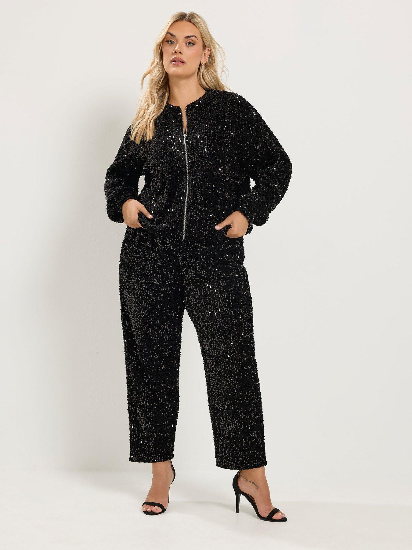 Image 3 of 4 of Yours Womens Curve Party Sequin Zip-Through Bomber Jacket - Black