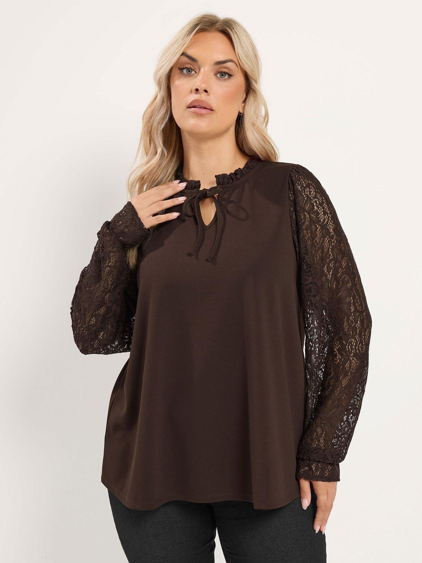 Image 1 of 4 of Yours Curve Tie Neck Lace Sleeve Top
