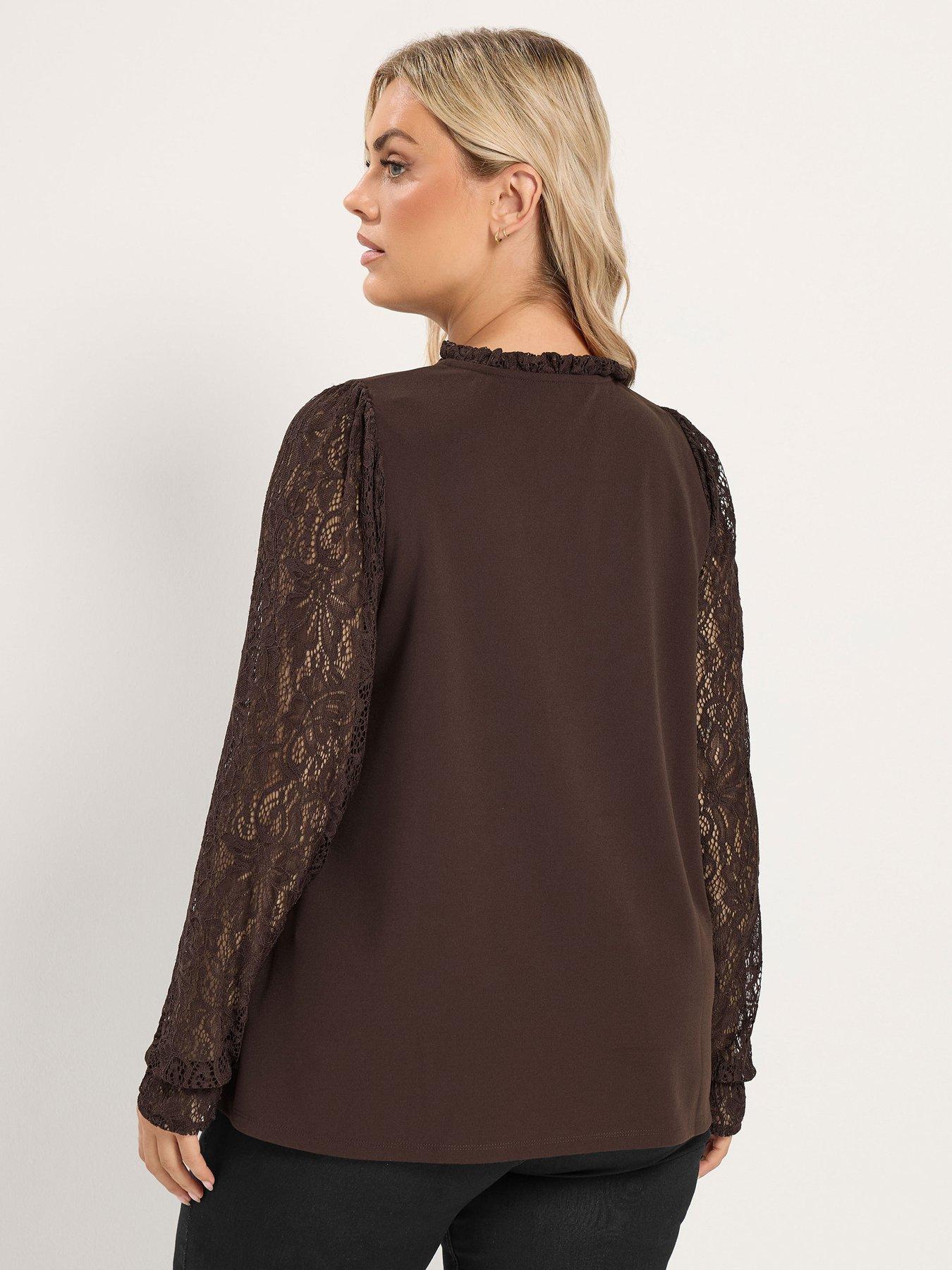 Image 2 of 4 of Yours Curve Tie Neck Lace Sleeve Top