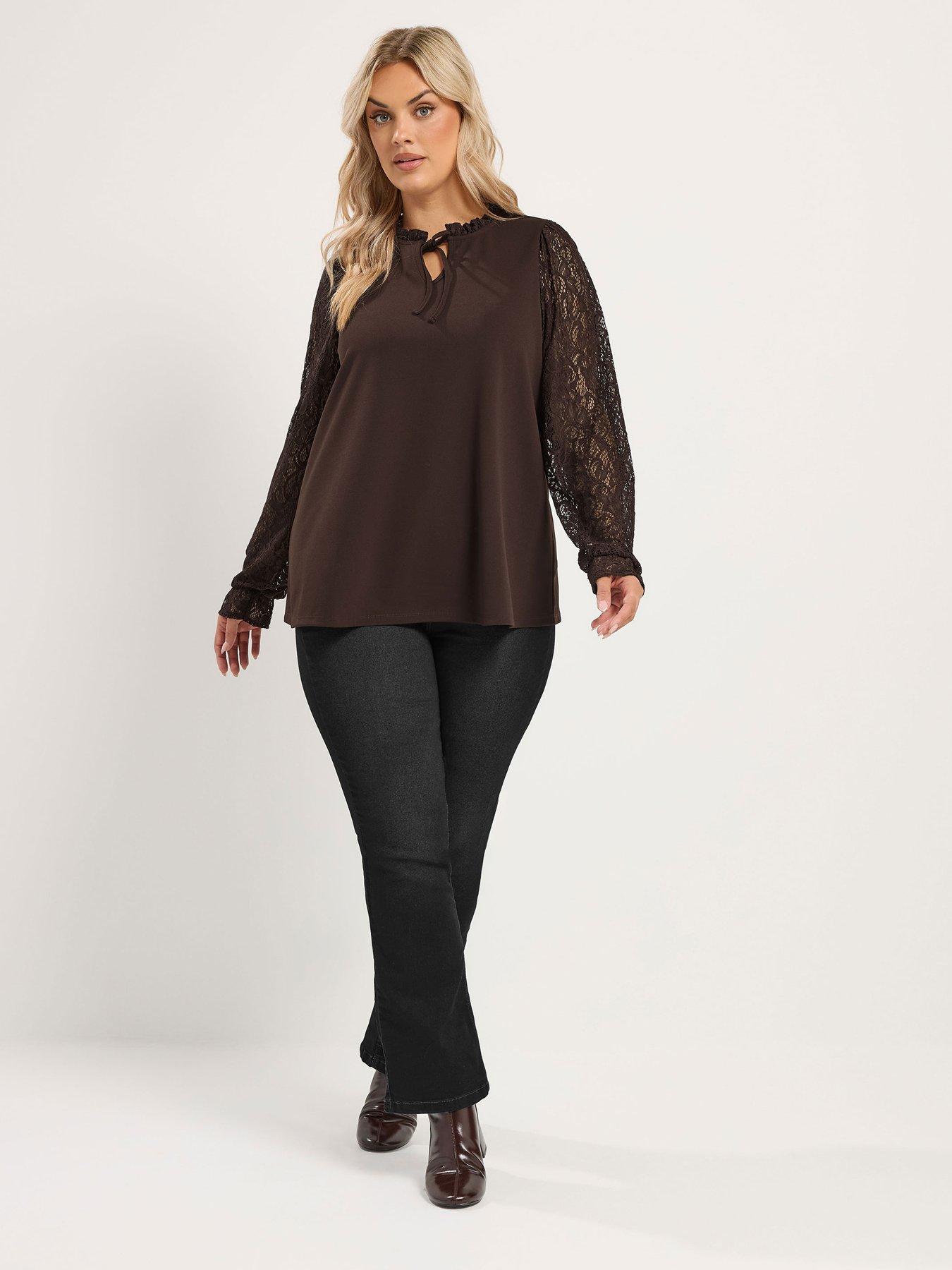 Image 3 of 4 of Yours Curve Tie Neck Lace Sleeve Top