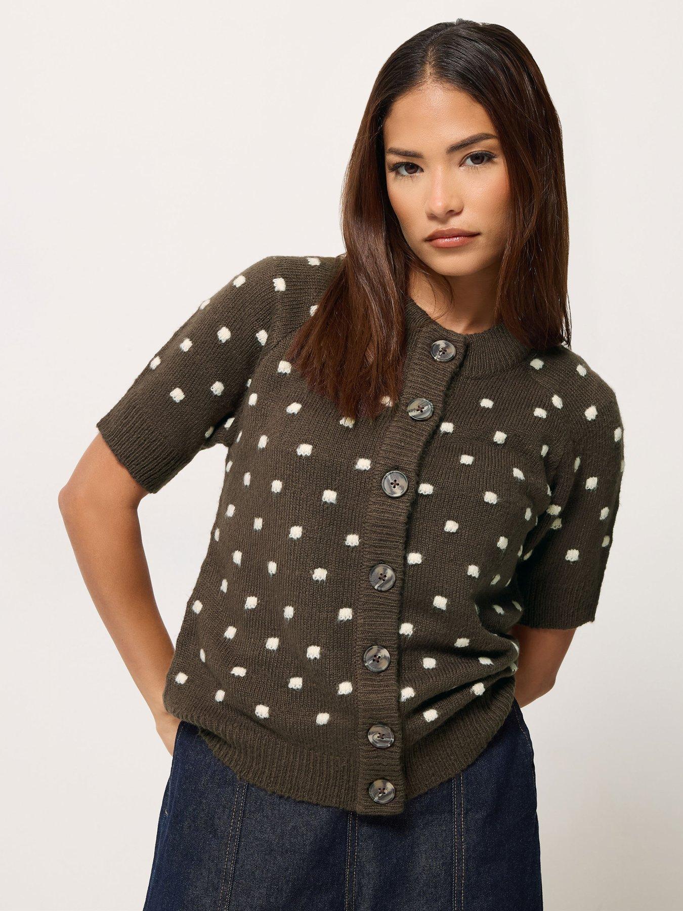 Image 1 of 4 of PixieGirl Womens Petite Polka Dot Button-Through Cardigan - Brown