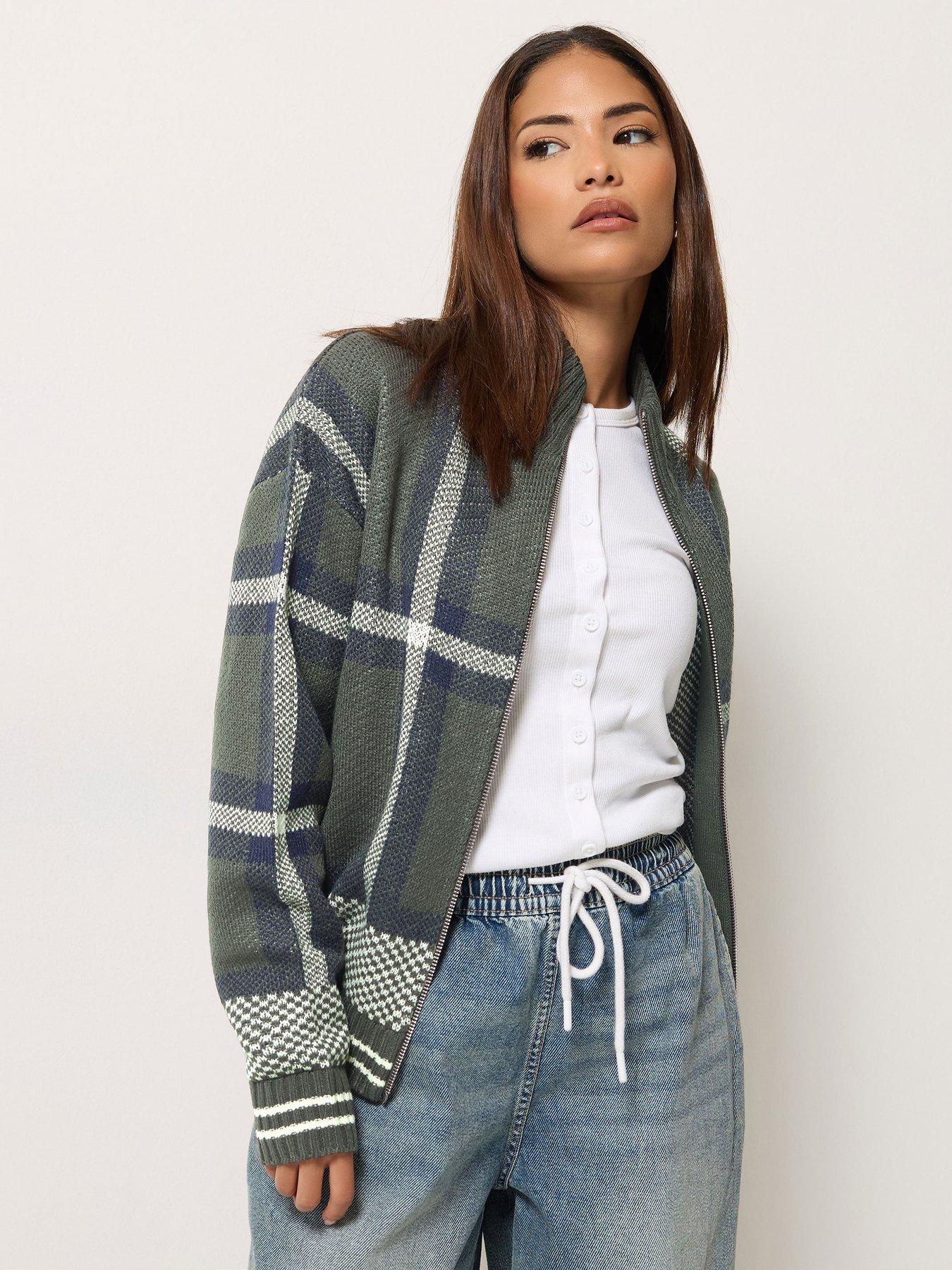 Image 1 of 4 of PixieGirl Petite Check Funnel Neck Bomber Jacket