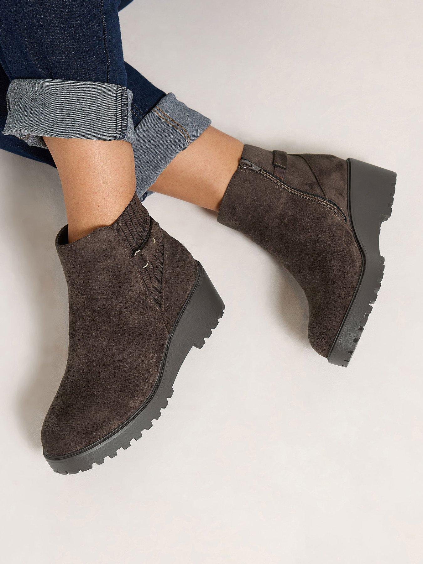 Image 1 of 4 of Yours Womens Extra Wide Fit Ribbed Buckle Wedge Boots - Brown