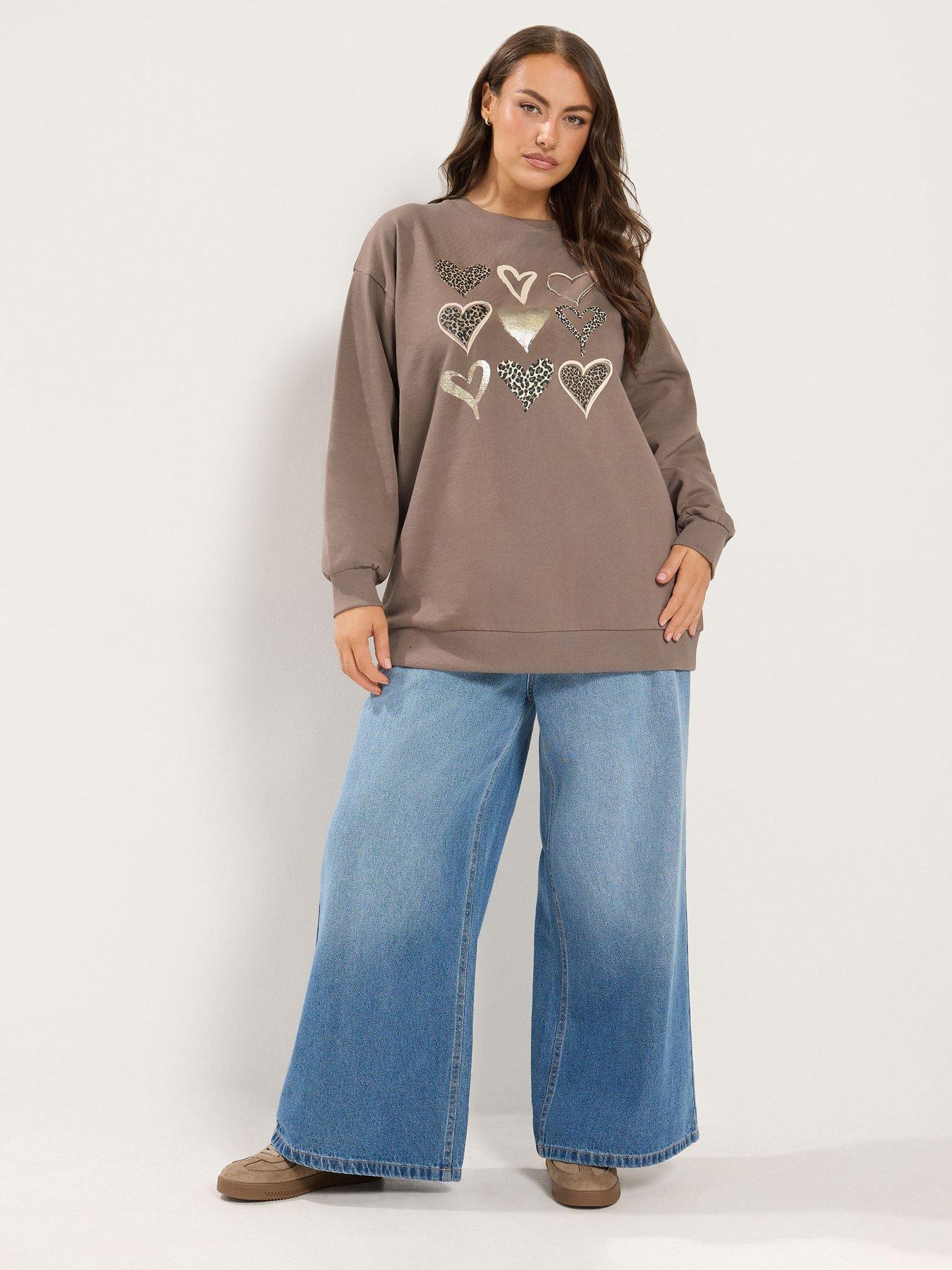 Image 3 of 4 of Yours Womens Curve Foil Heart Longline Sweatshirt - Brown