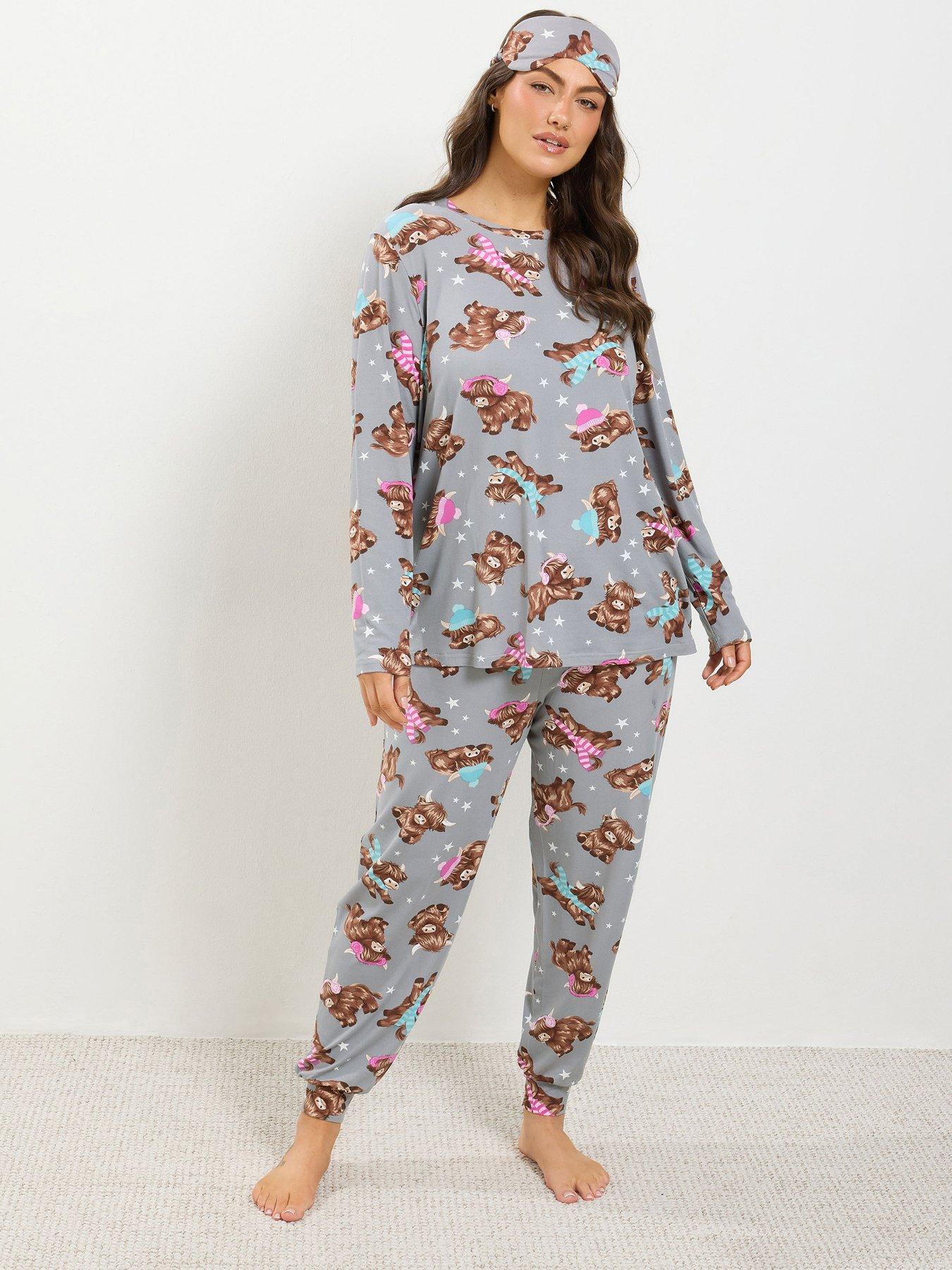 Image 1 of 4 of Yours Womens Curve Highland Cow PJ Set &amp; Eye Mask - Grey