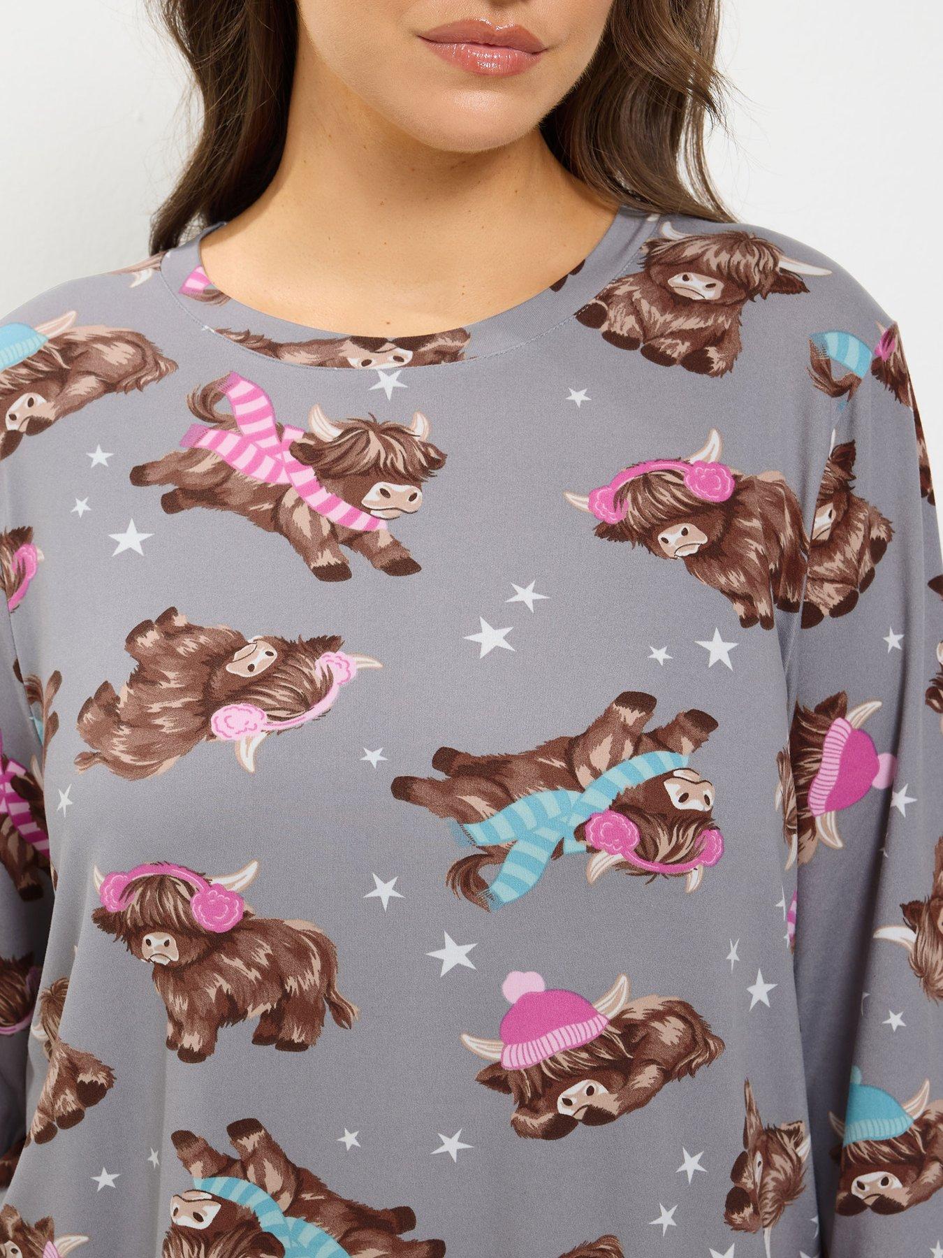 Image 4 of 4 of Yours Womens Curve Highland Cow PJ Set &amp; Eye Mask - Grey