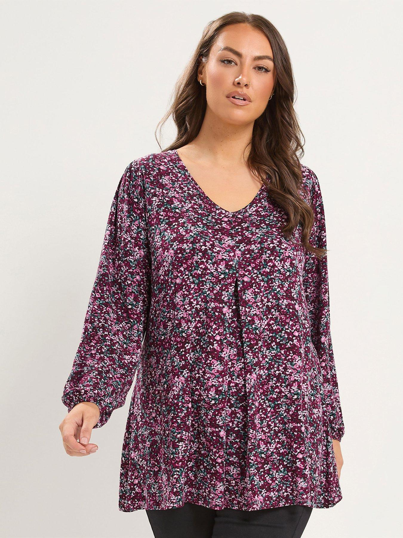 Image 1 of 4 of Yours Womens Curve Pleat Front V-Neck Long Sleeve Top - Purple