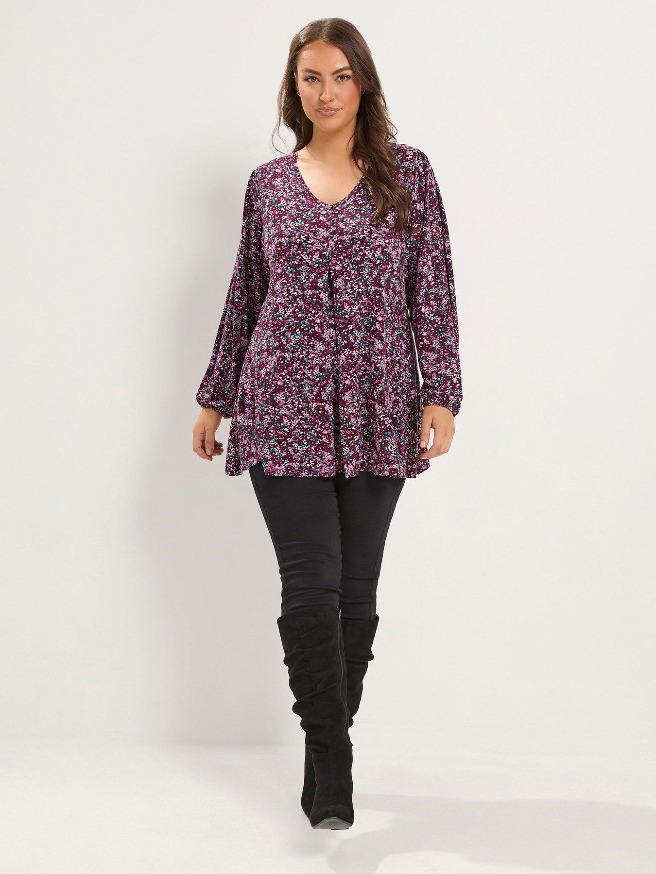 Image 3 of 4 of Yours Womens Curve Pleat Front V-Neck Long Sleeve Top - Purple
