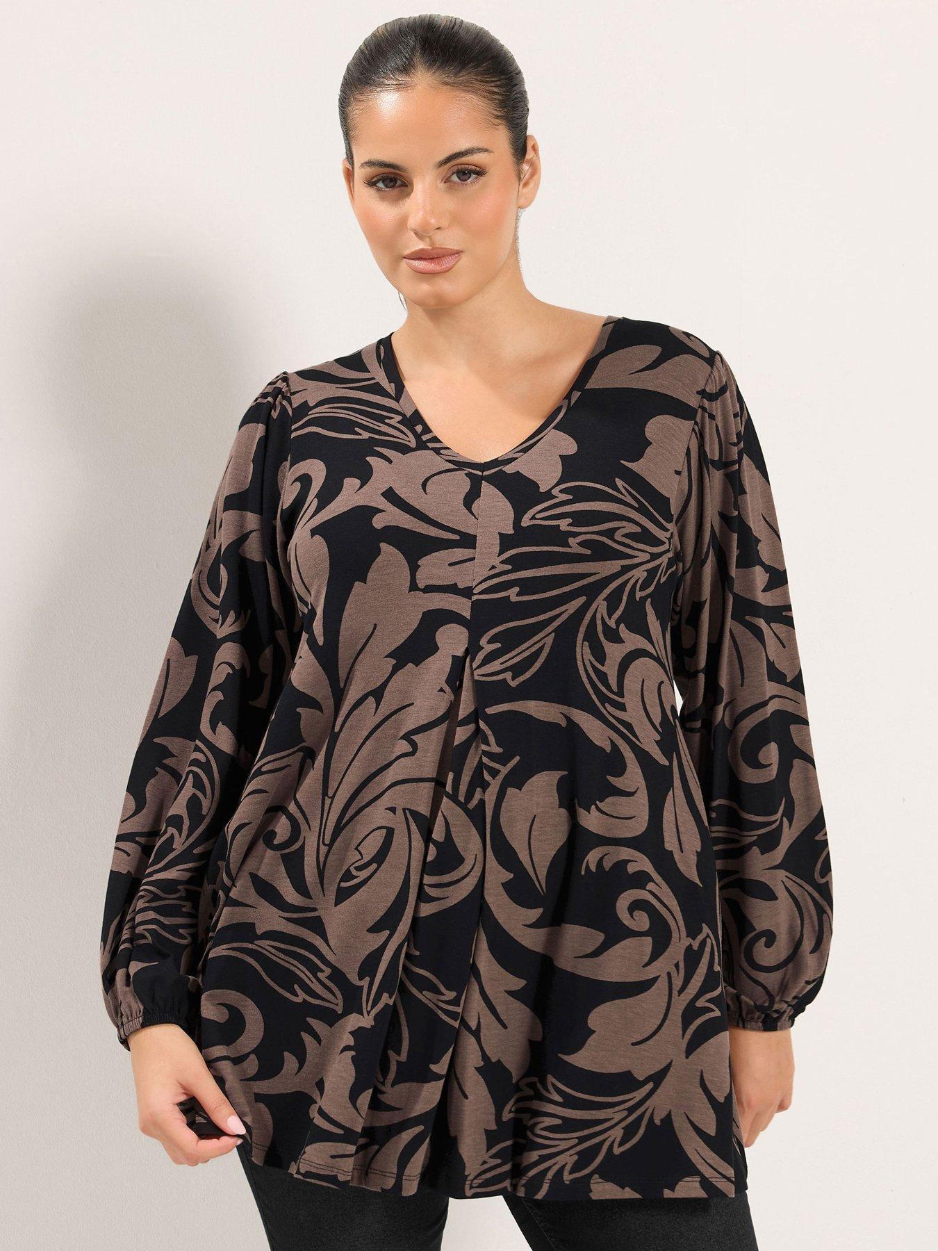 Image 1 of 4 of Yours Womens Curve Pleat Front V-Neck Long Sleeve Top - Brown